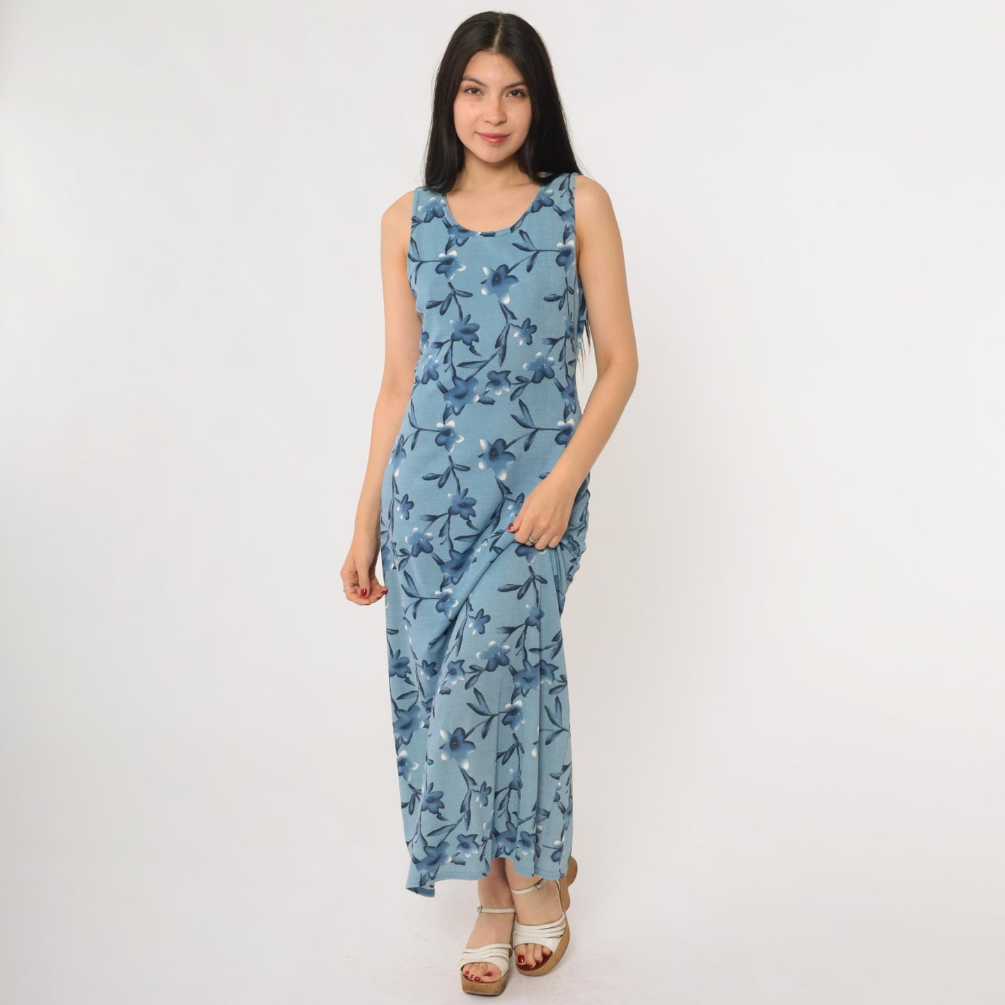 90s Blue Floral Maxi Dress Sleeveless Tank Scoop Neckline Medium M