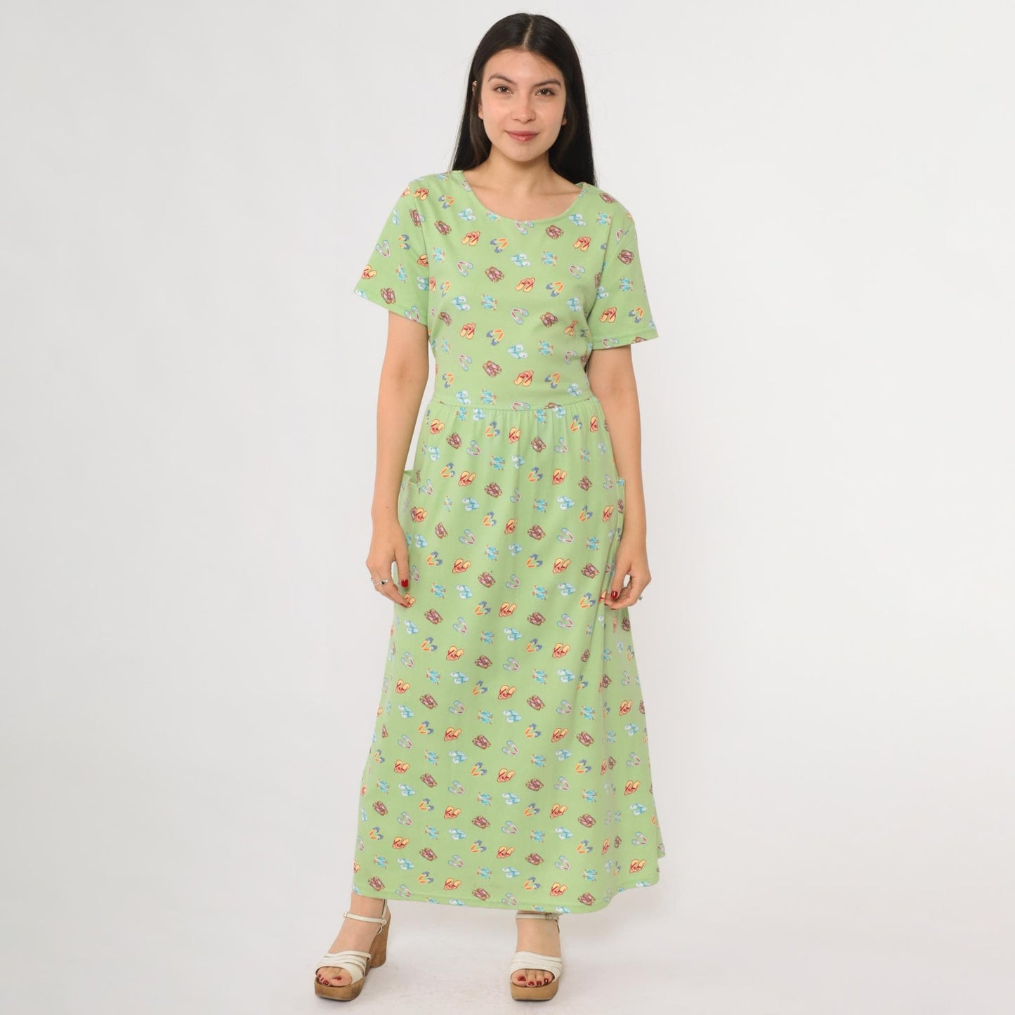 90s Sage Green Maxi Dress Flip Flop Novelty Print Cotton Scoop Neck Large L