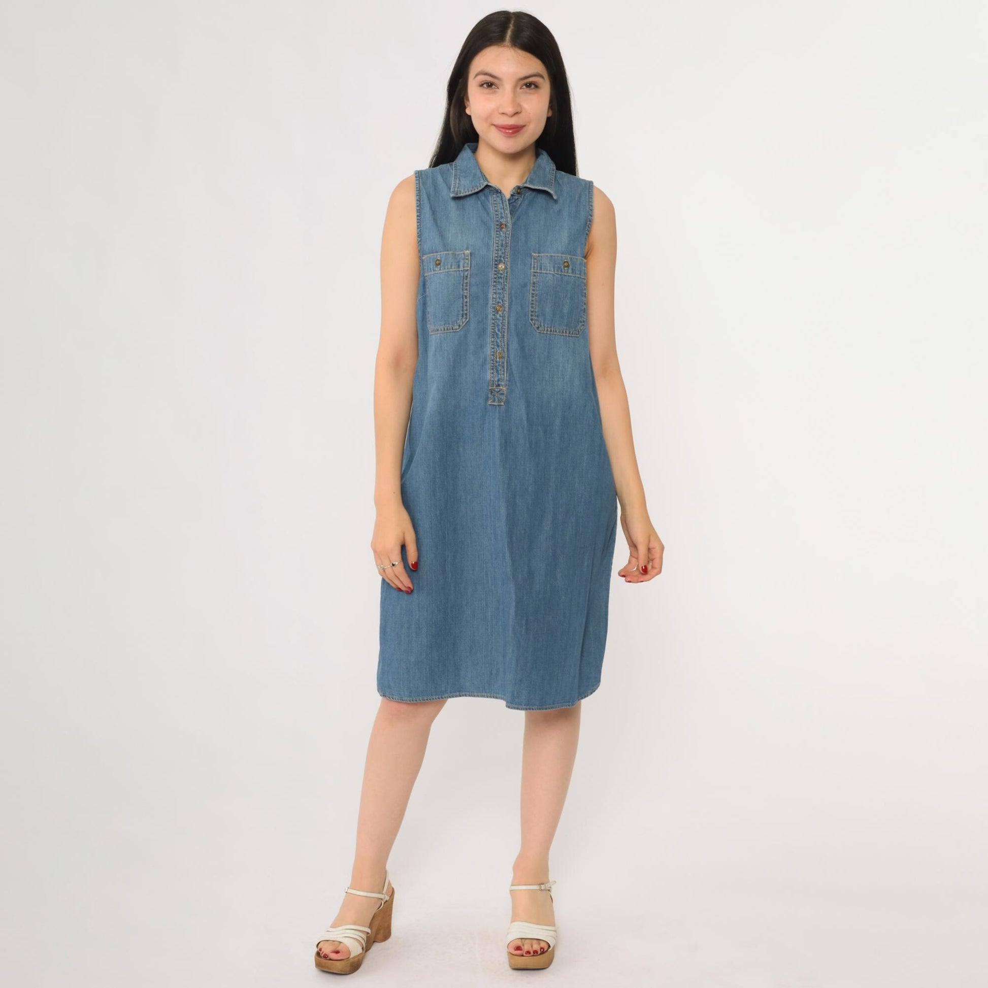 Y2K Chaps Denim Sleeveless Shirt Dress Blue Medium Wash Collar Extra Large XL