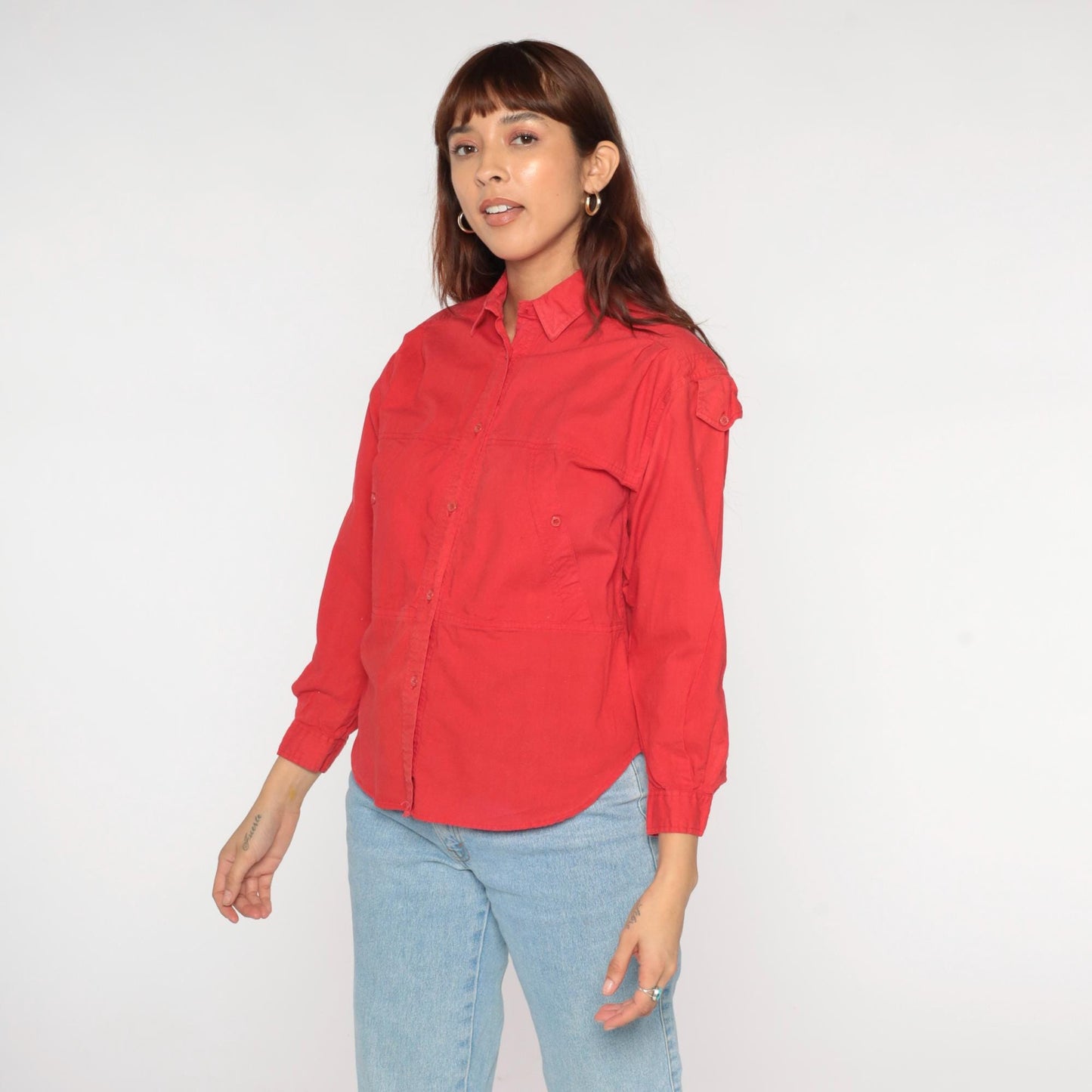 90s Jozell II Red Cotton Button-Up Shirt Shoulder Tabs Medium