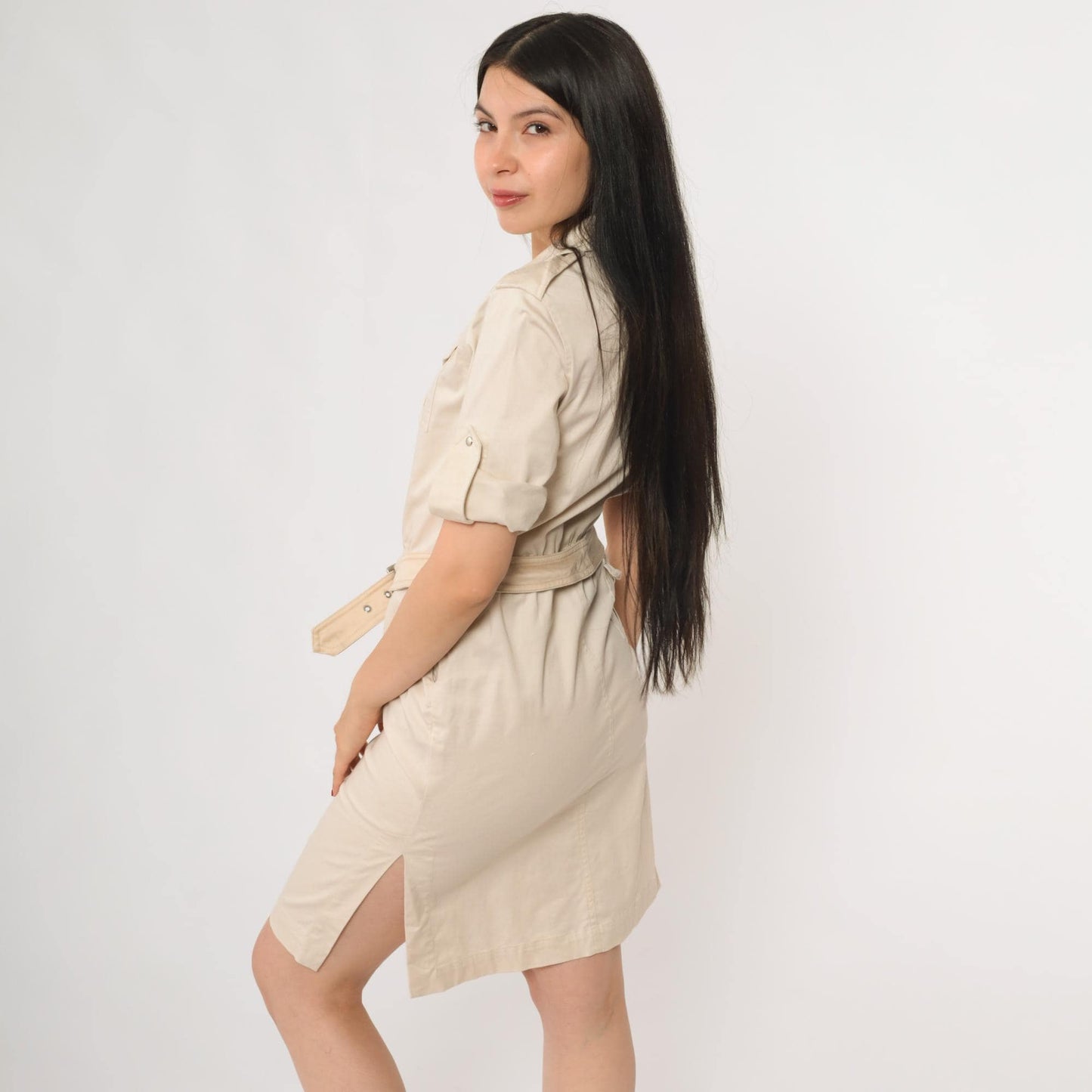 90s Safari Shirt Dress Beige Belted Utility Pockets Collared Midi Petite 8
