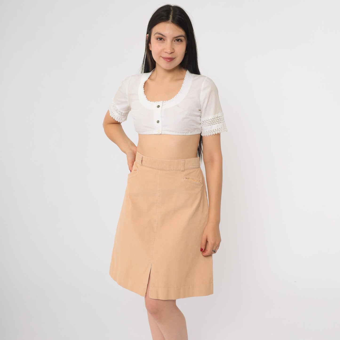 80s Tan Corduroy A-Line Skirt High Waisted Mini Front Slit Small S