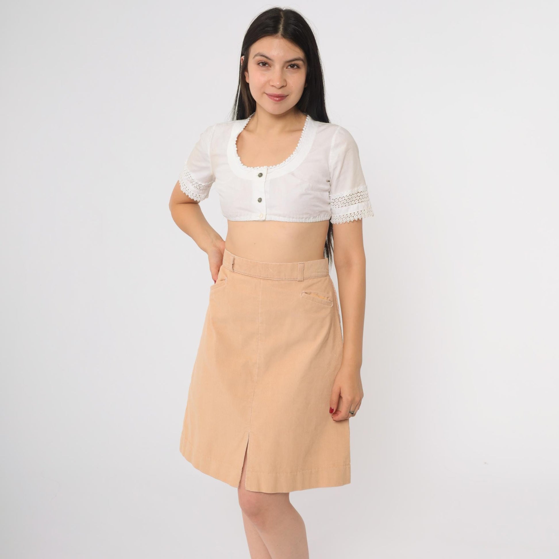 80s Tan Corduroy A-Line Skirt High Waisted Mini Front Slit Small S