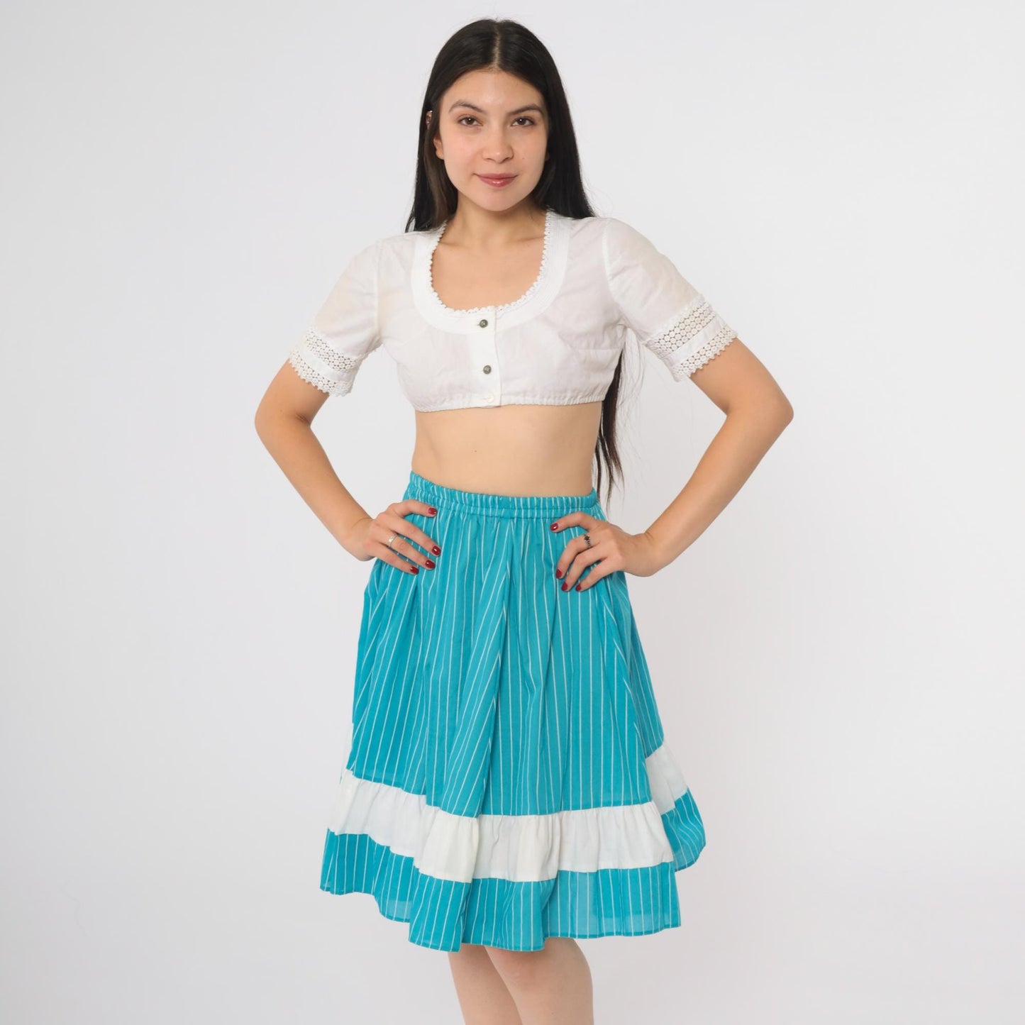 80s Kate Schorer Turquoise Striped Tiered Prairie Skirt Cotton Small