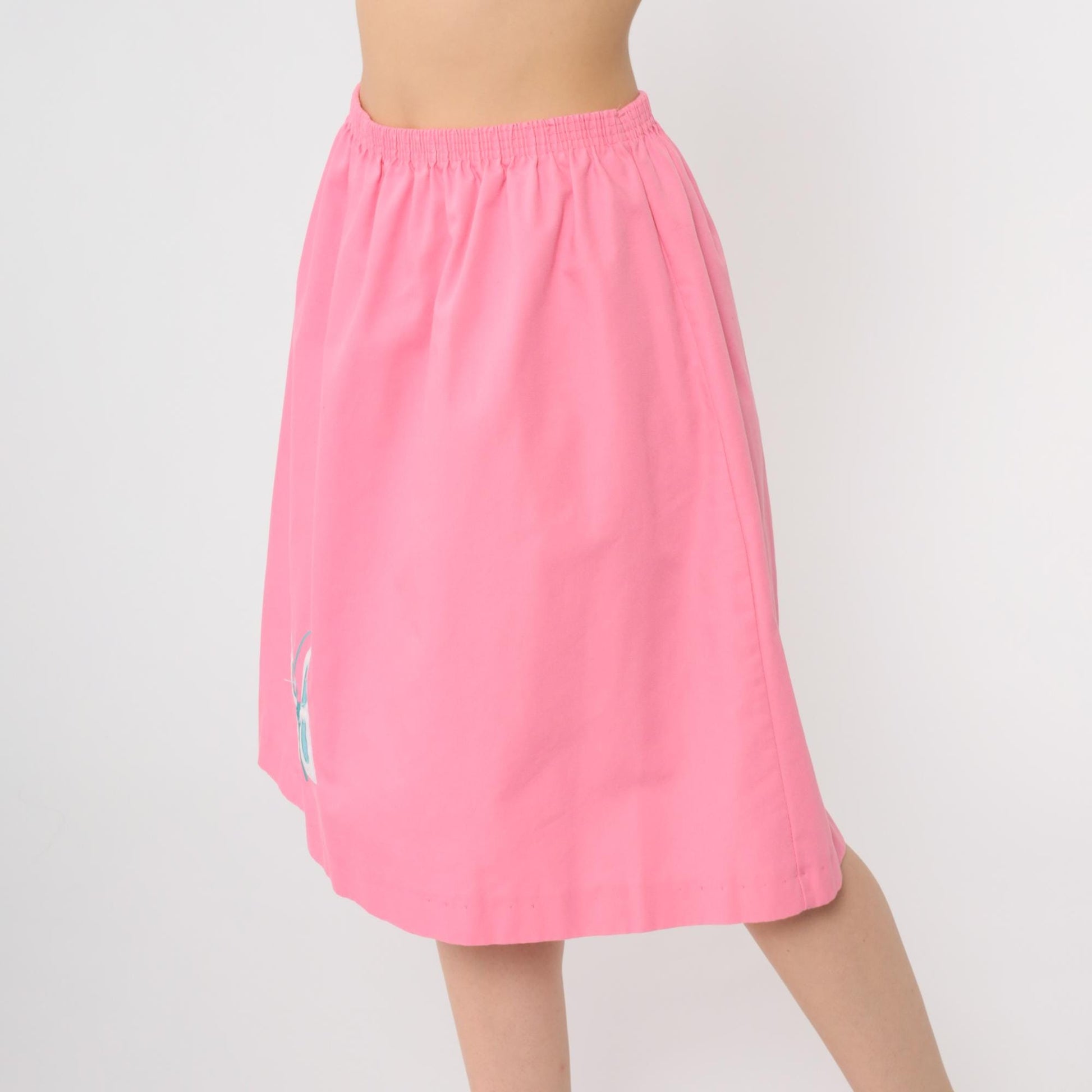80s Hot Pink Butterfly Applique A-Line Midi Skirt Elastic Waist Large