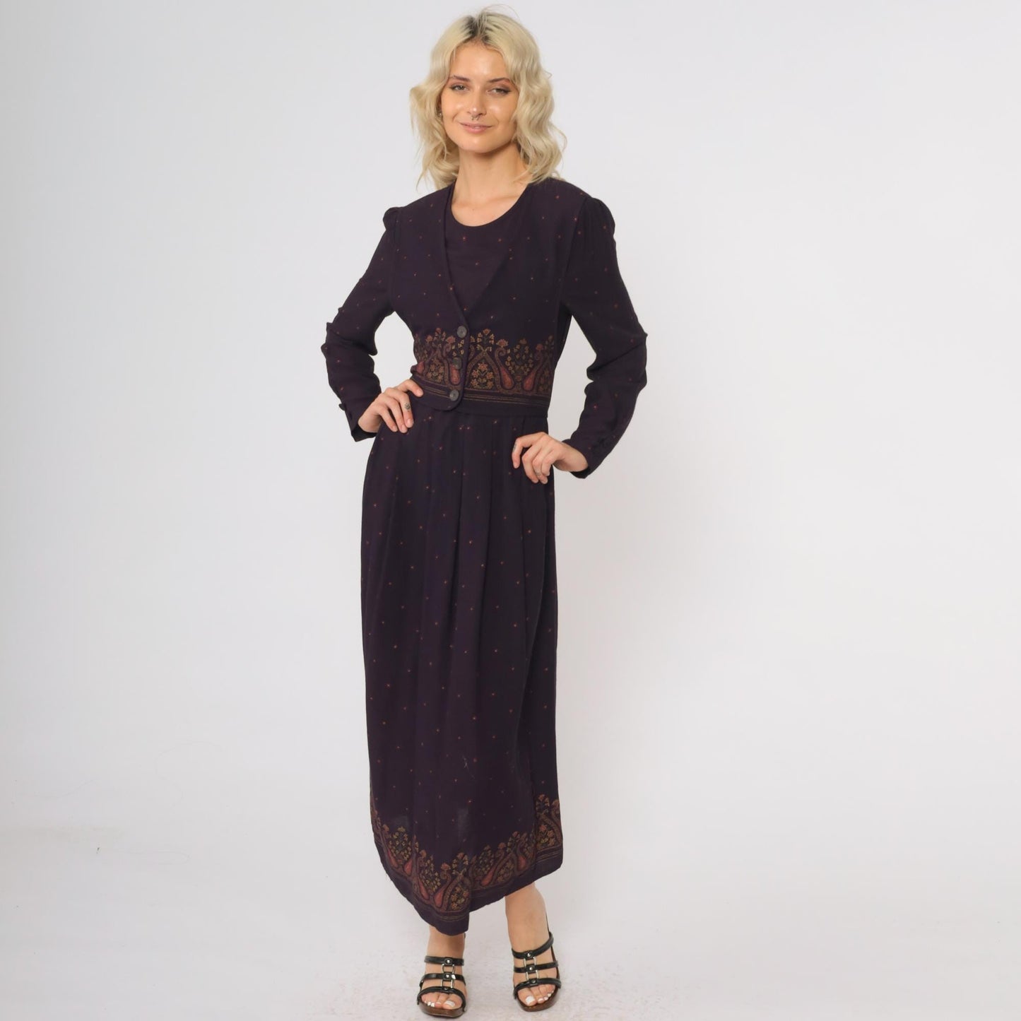 90s Dark Purple Maxi Dress Attached Vest Long Sleeve Paisley Border Small