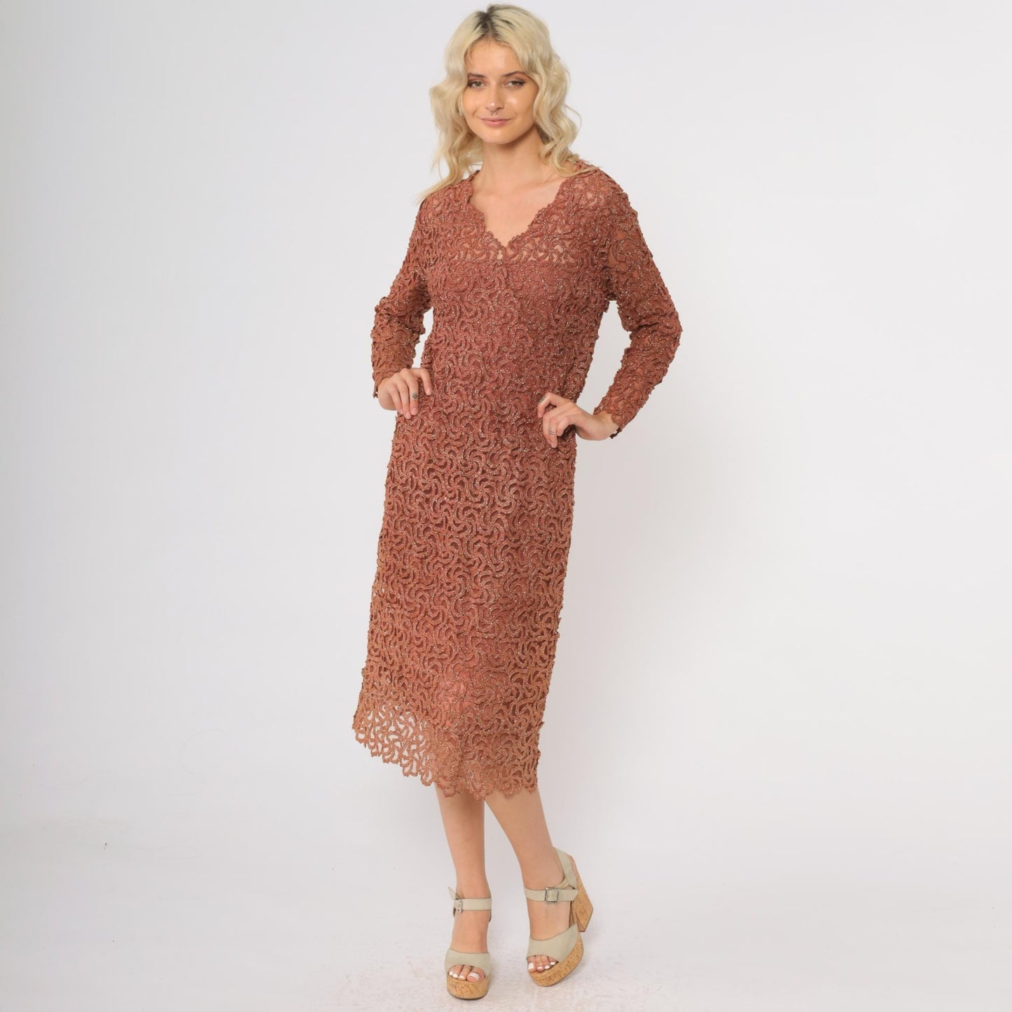 70s Copper Brown Metallic Lace Cocktail Dress Long Sleeve Scalloped Midi Medium
