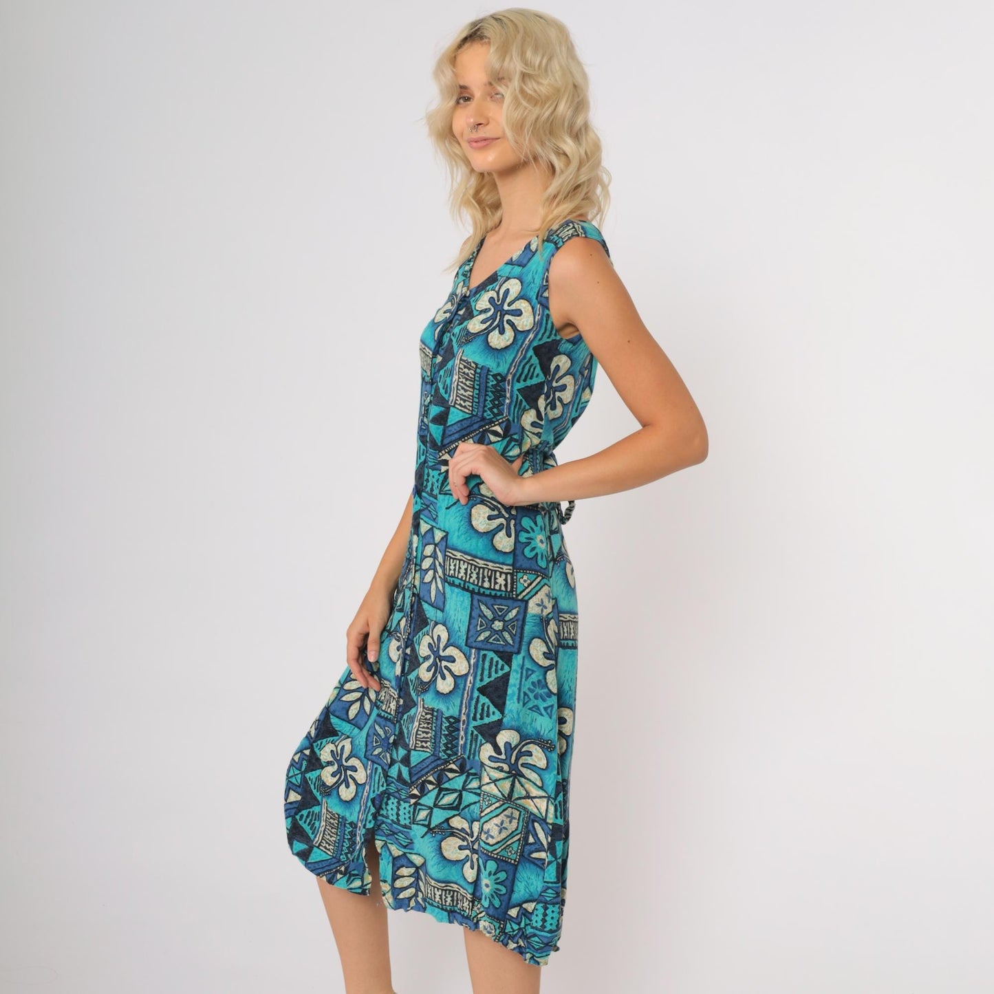 90s Blue Tropical Floral Midi Dress Sleeveless V Neck Hawaiian Print XS