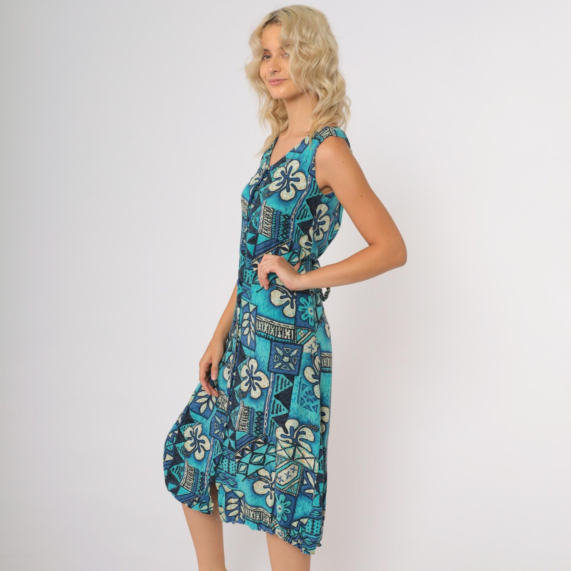 90s Blue Tropical Floral Midi Dress Sleeveless V Neck Hawaiian Print XS