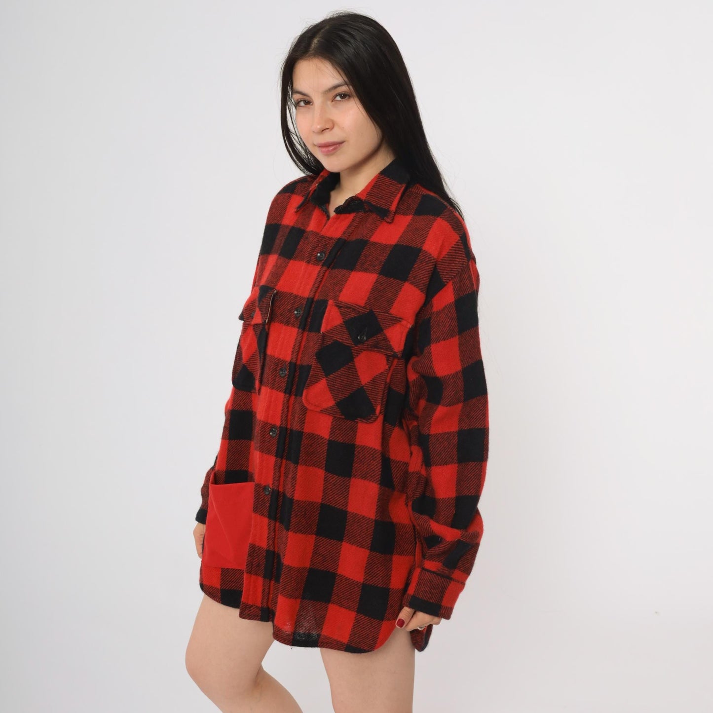 70s Brother Outerwear Buffalo Plaid Flannel Shirt Red Black Mens Large