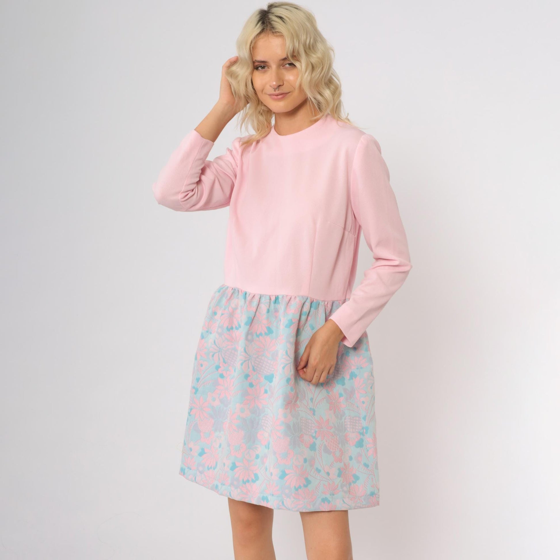70s Pink Aqua Floral Mini Dress Long Sleeve Mock Neck A-Line Large