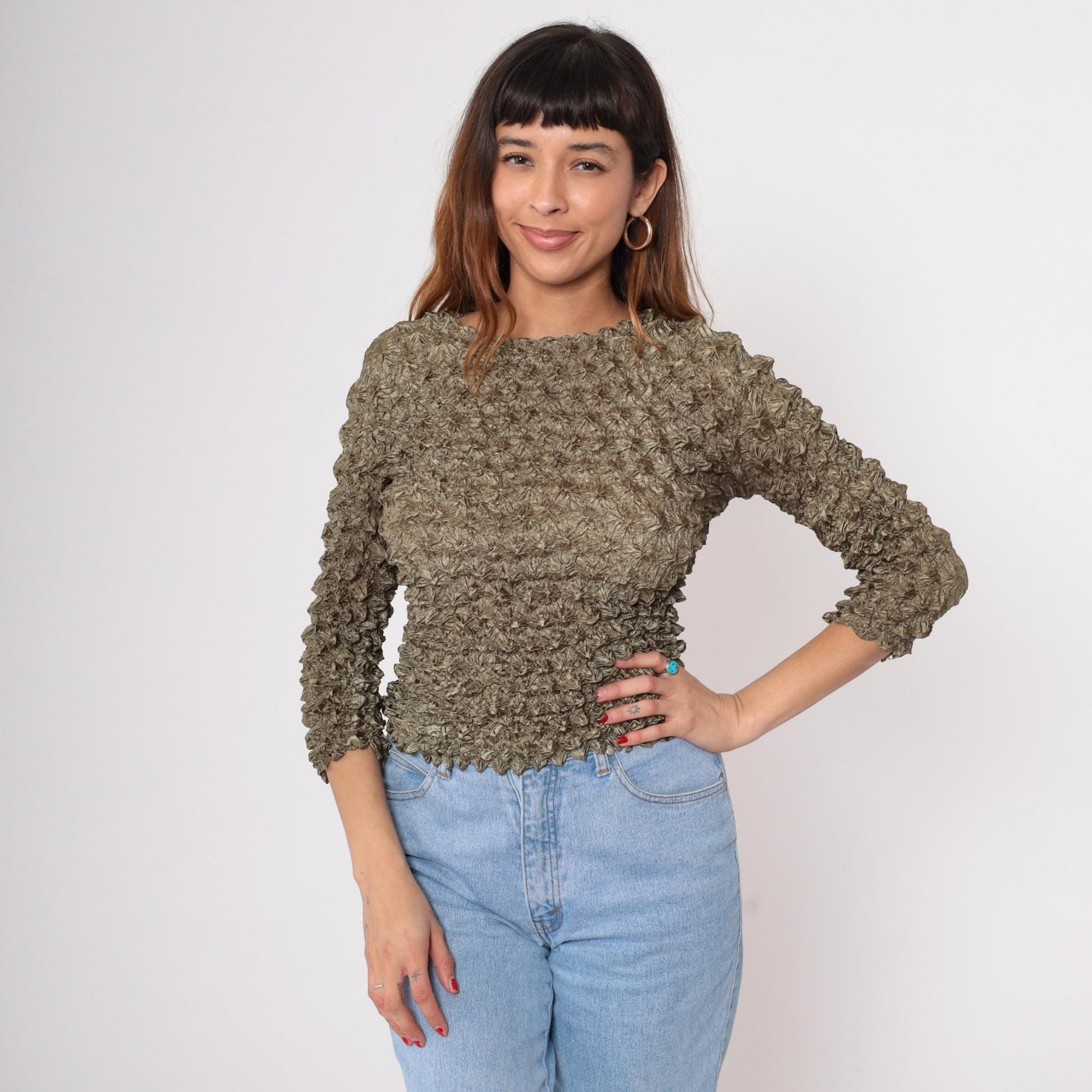 Y2K Green Popcorn Texture Short Sleeve Blouse XS-XL