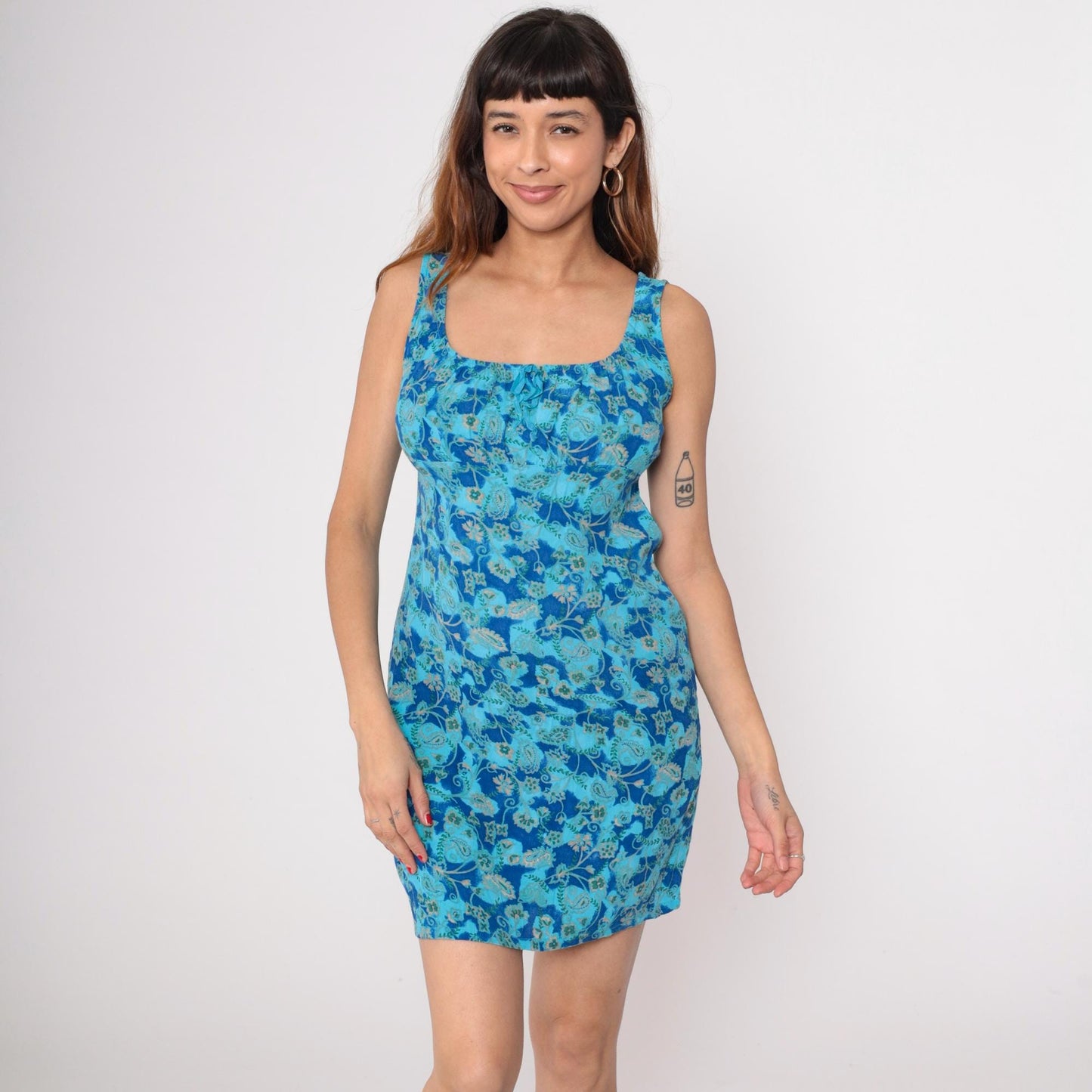 90s Tickets Clothing Mini Dress Tank Square Neck Blue Paisley Medium