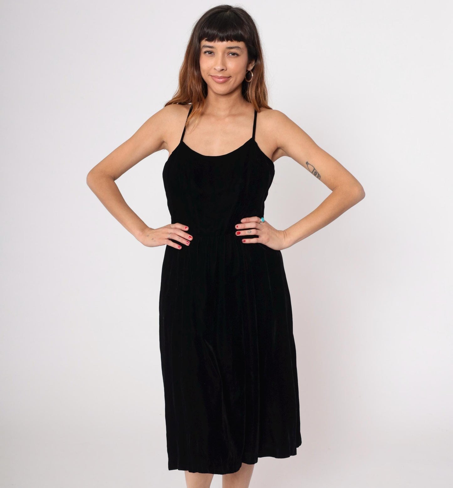 90s Black Velvet Midi Dress Spaghetti Strap Scoop Neck Large L