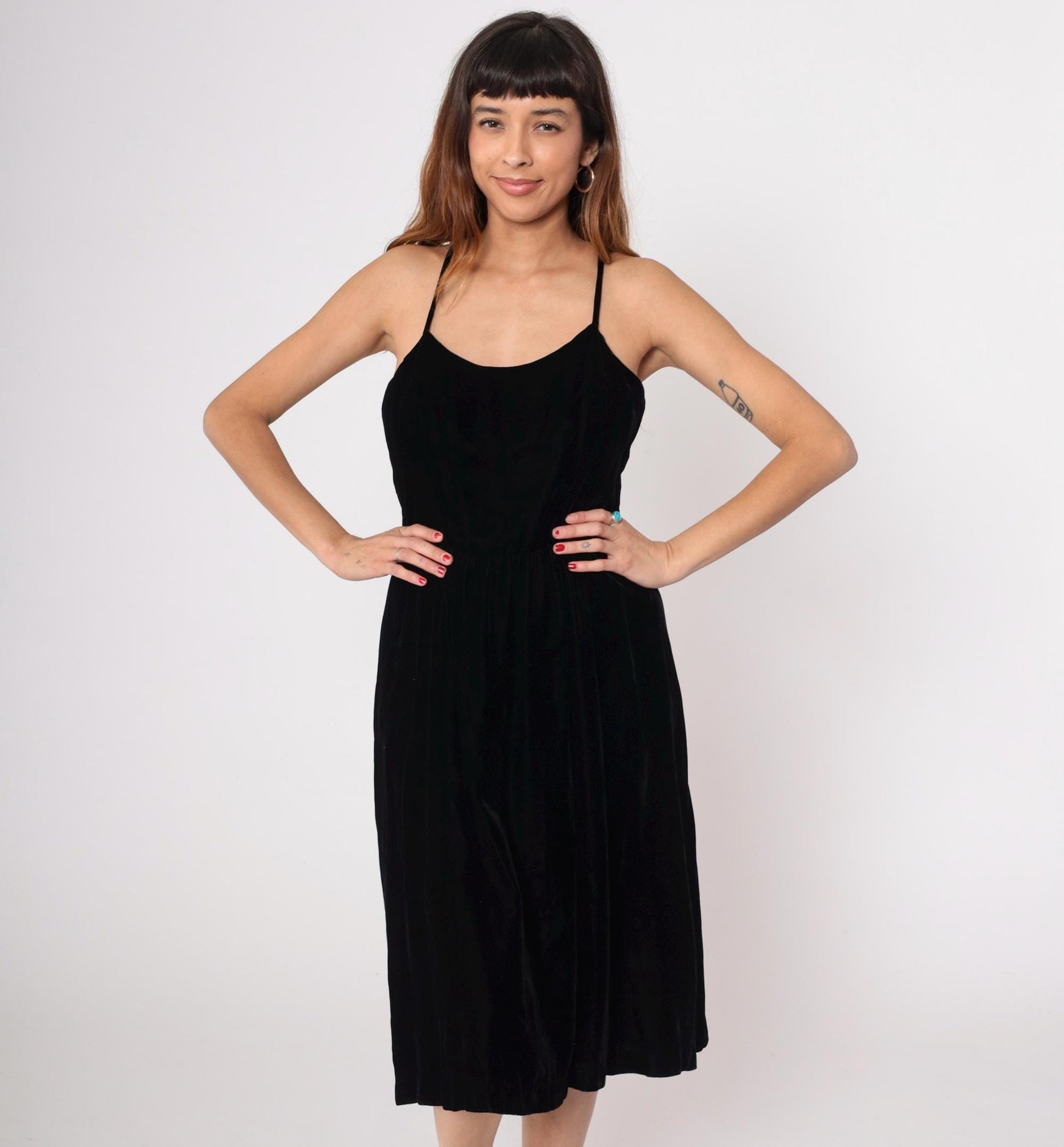 90s Black Velvet Midi Dress Spaghetti Strap Scoop Neck Large L