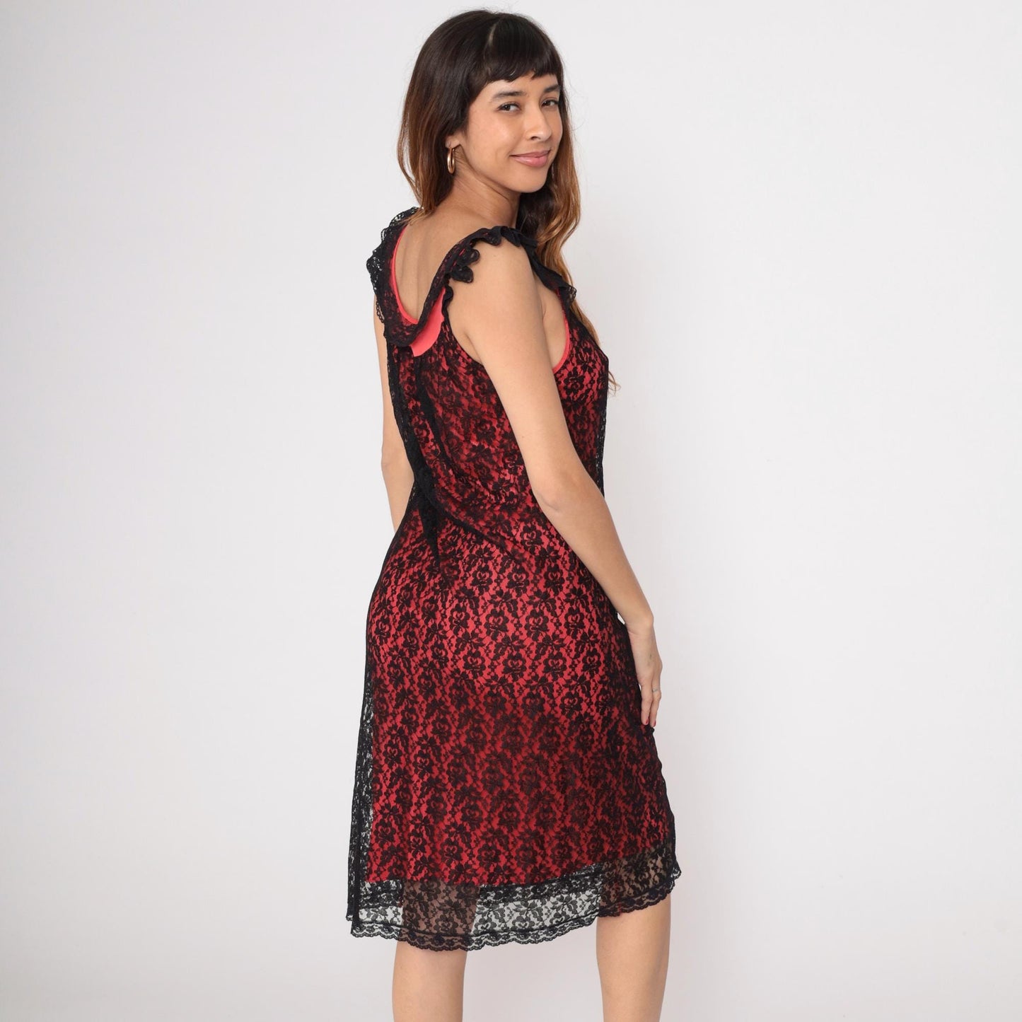 80s Red Black Lace Slip Dress Midi Sleeveless Scoop Neckline Medium M