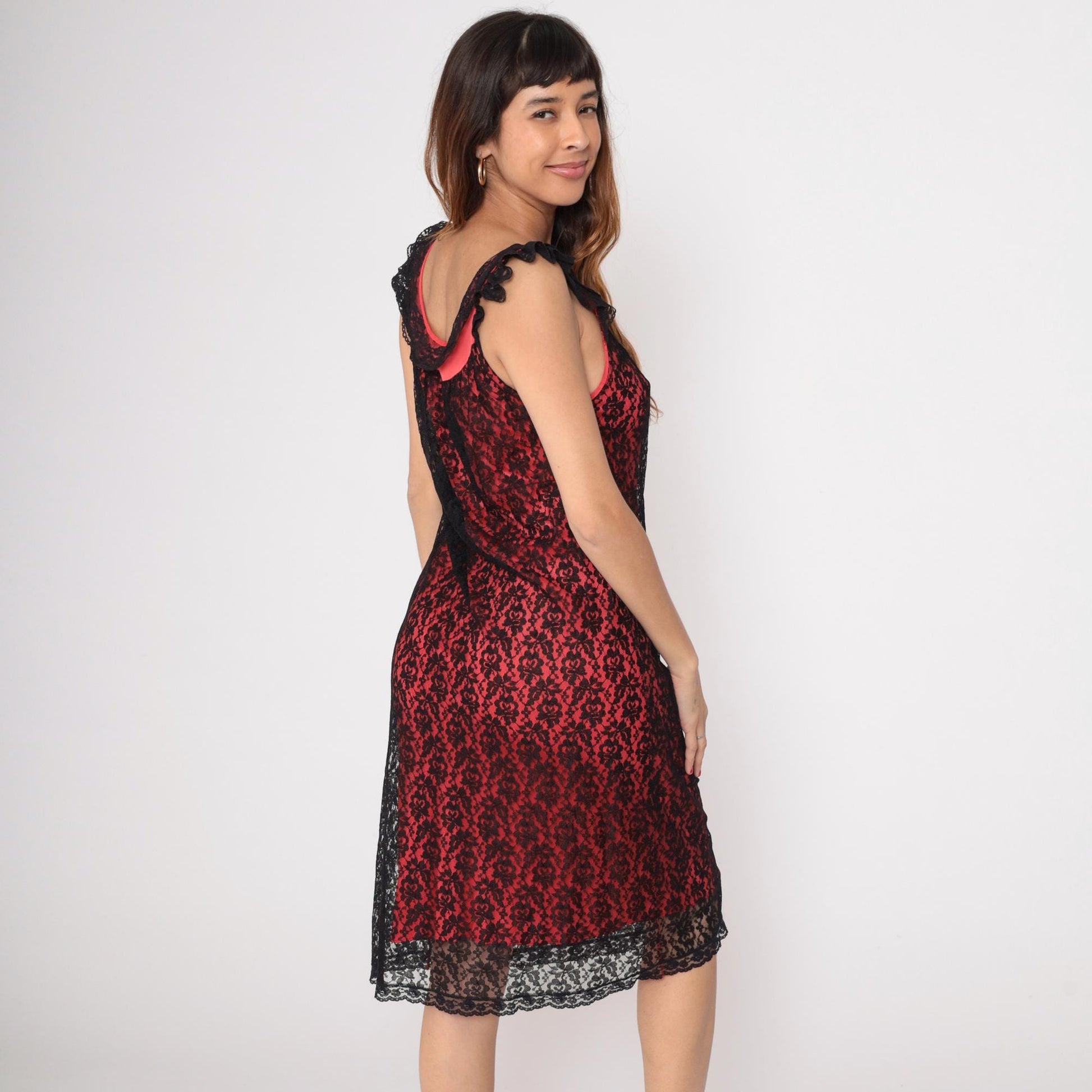 80s Red Black Lace Slip Dress Midi Sleeveless Scoop Neckline Medium M