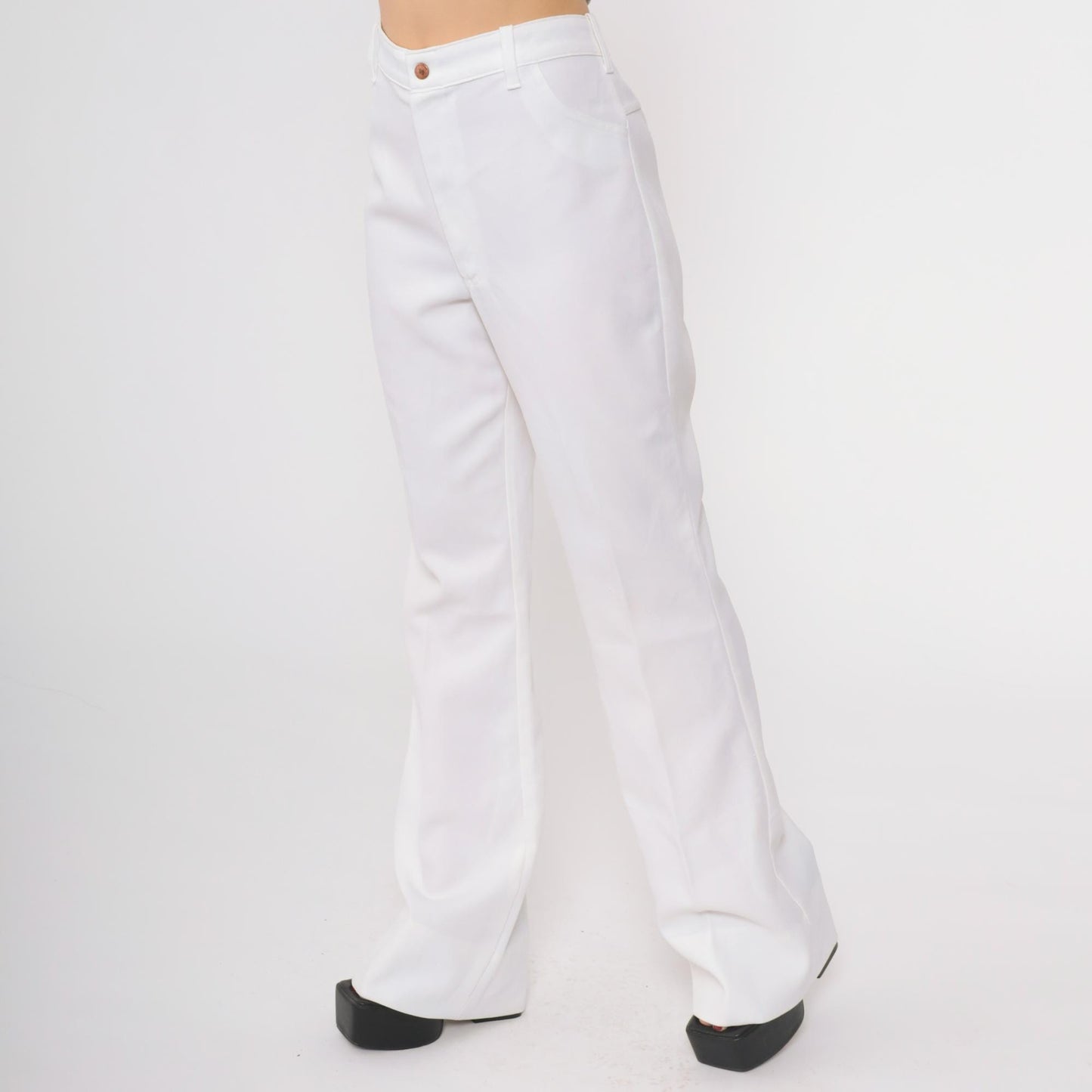 70s White High Waisted Wide Leg Flared Trousers Cotton Blend Medium M