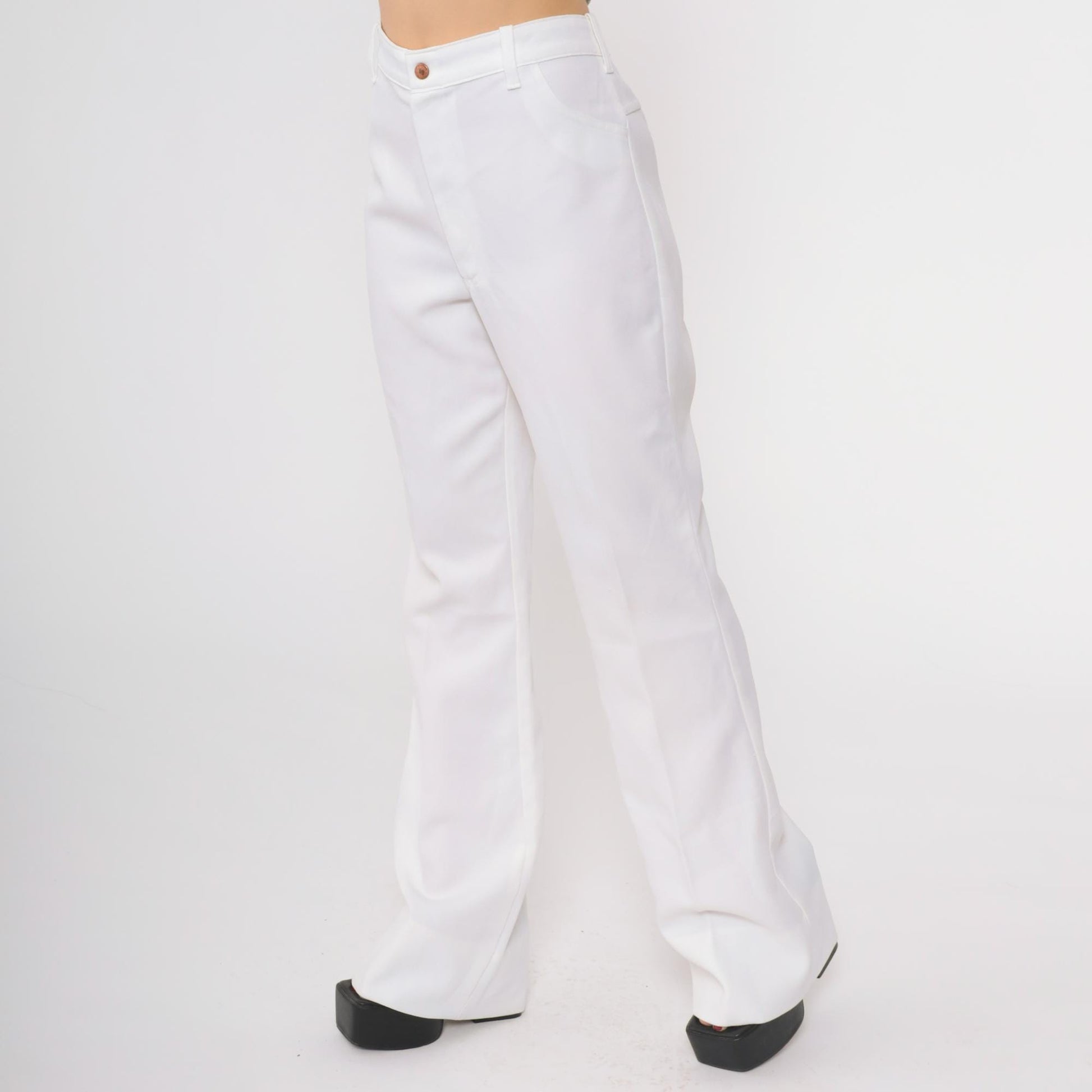 70s White High Waisted Wide Leg Flared Trousers Cotton Blend Medium M