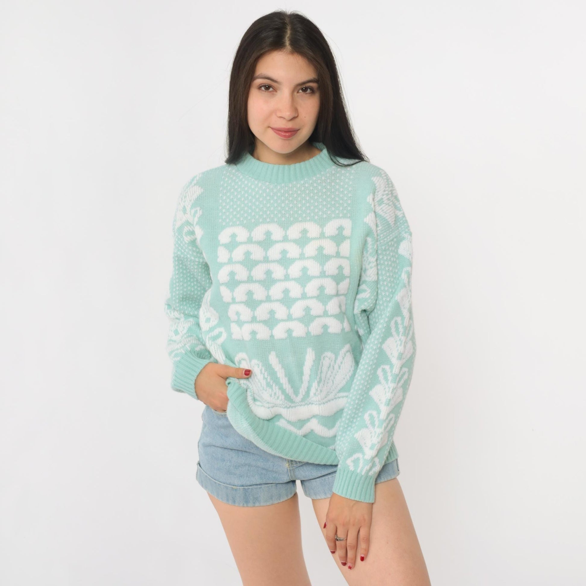 80s Mint Green Geometric Knit Sweater Crewneck Pullover Medium Petite