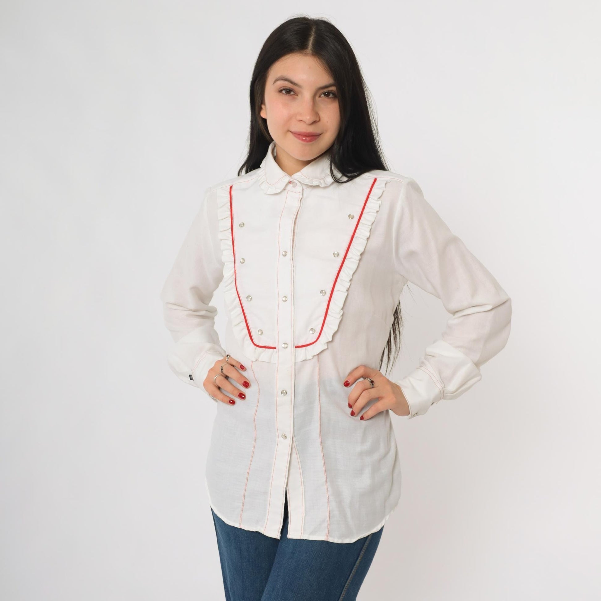 80s Rockmount Ranch Wear Western Bib Shirt White Red Piping Pearl Snap Medium
