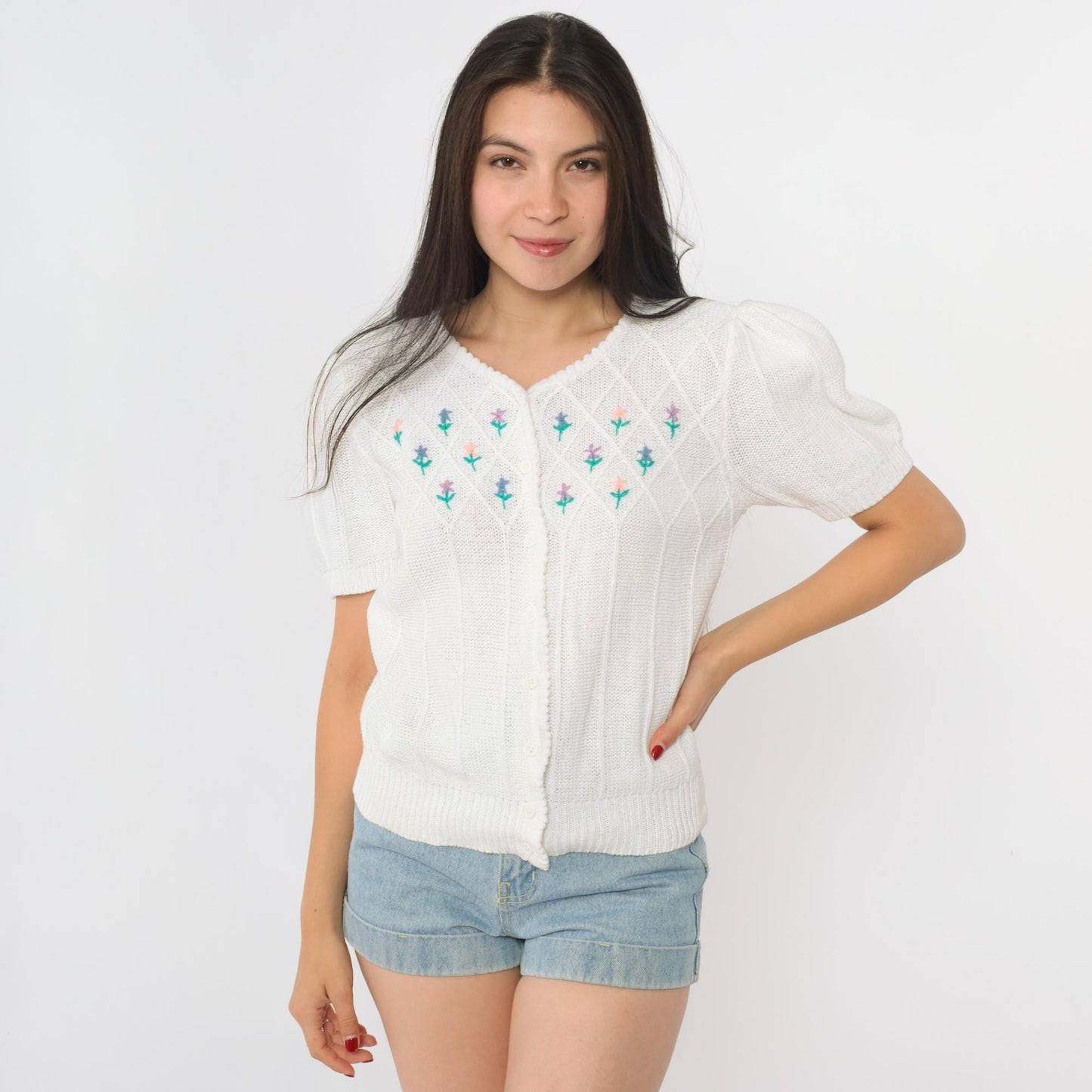 80s Astorone White Cardigan Short Sleeve Embroidered Floral V-Neck Medium M