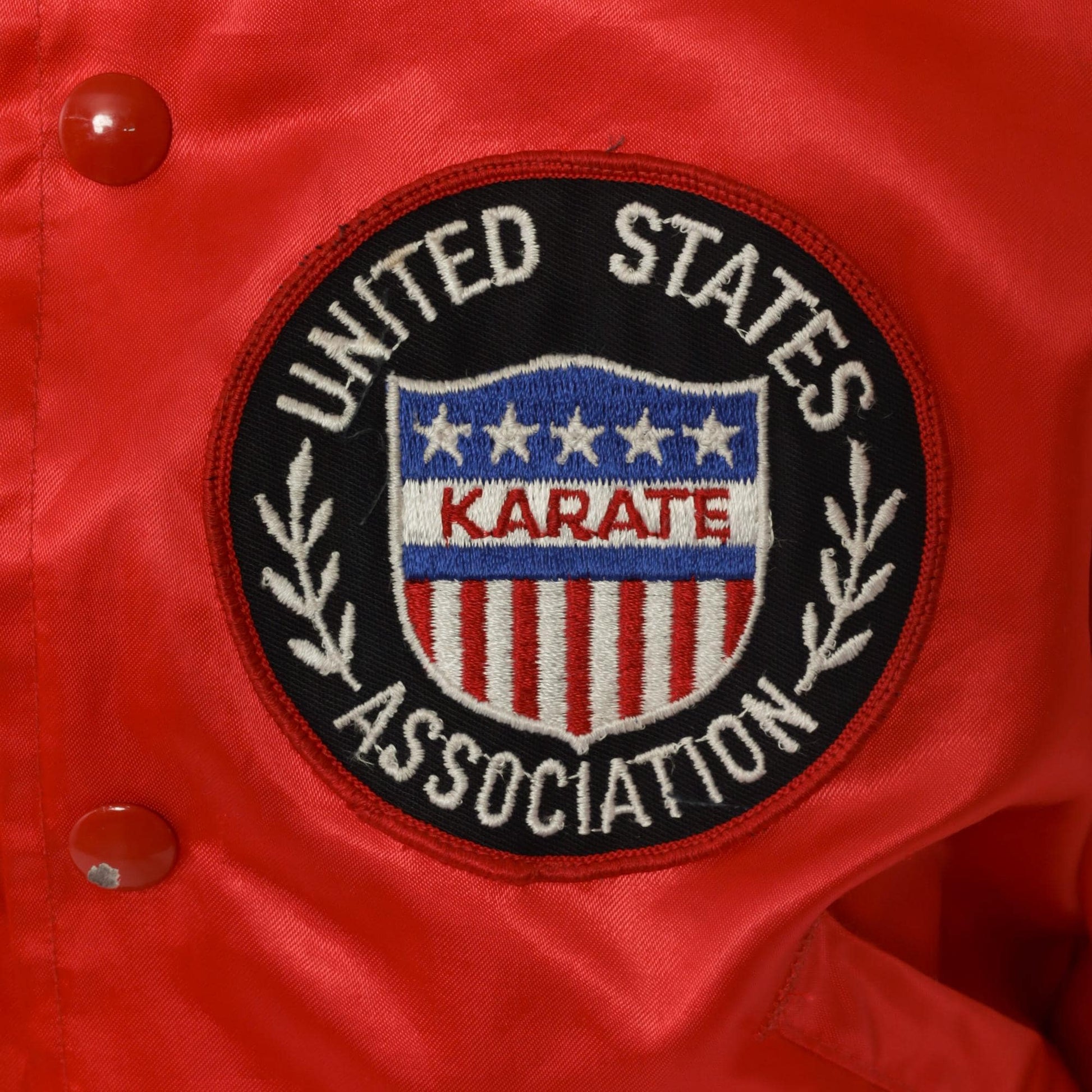 90s Capricorn Red Satin Bomber Jacket Karate Patch Medium