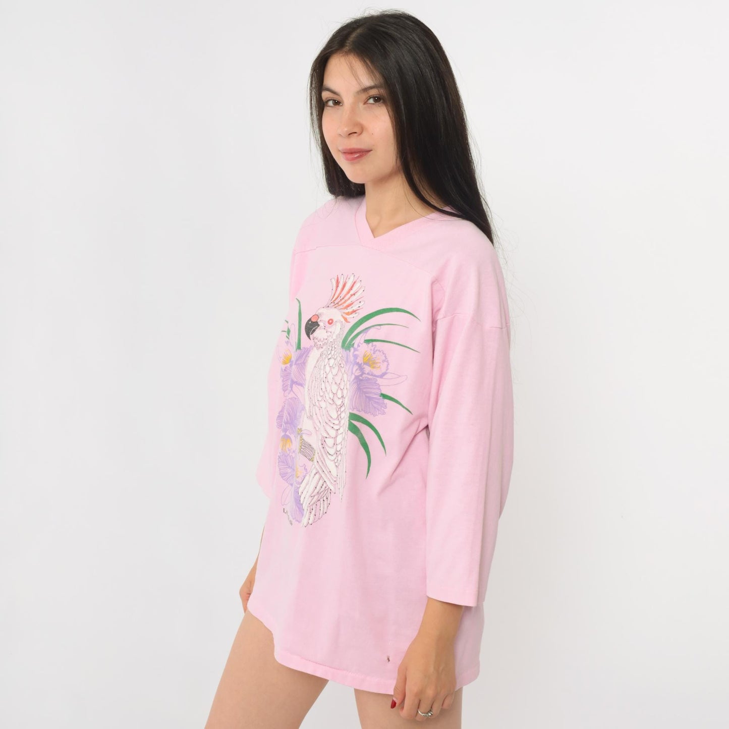 90s Miller Pink Cockatoo Bird V-Neck Shirt Three Quarter Sleeve Large L