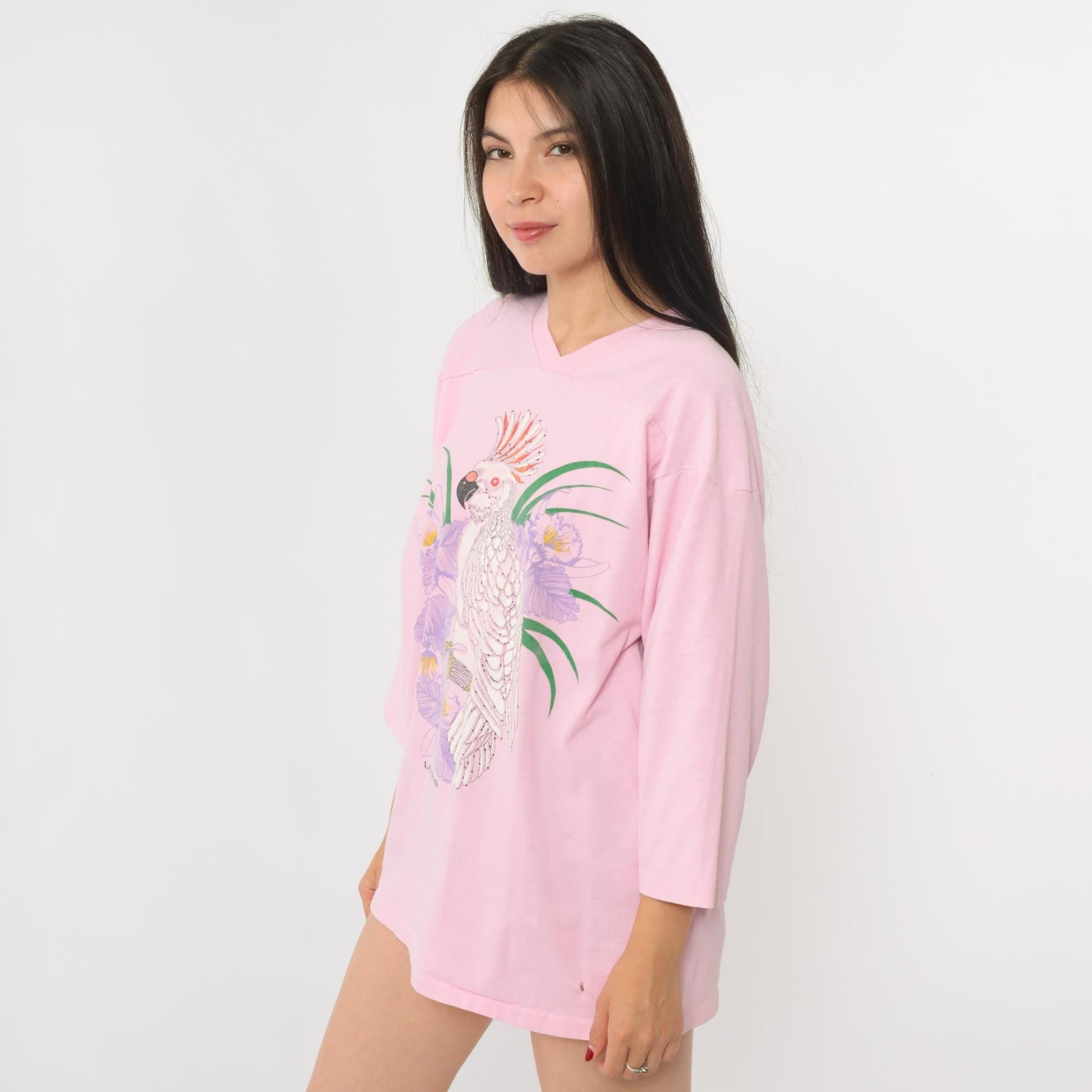 90s Miller Pink Cockatoo Bird V-Neck Shirt Three Quarter Sleeve Large L