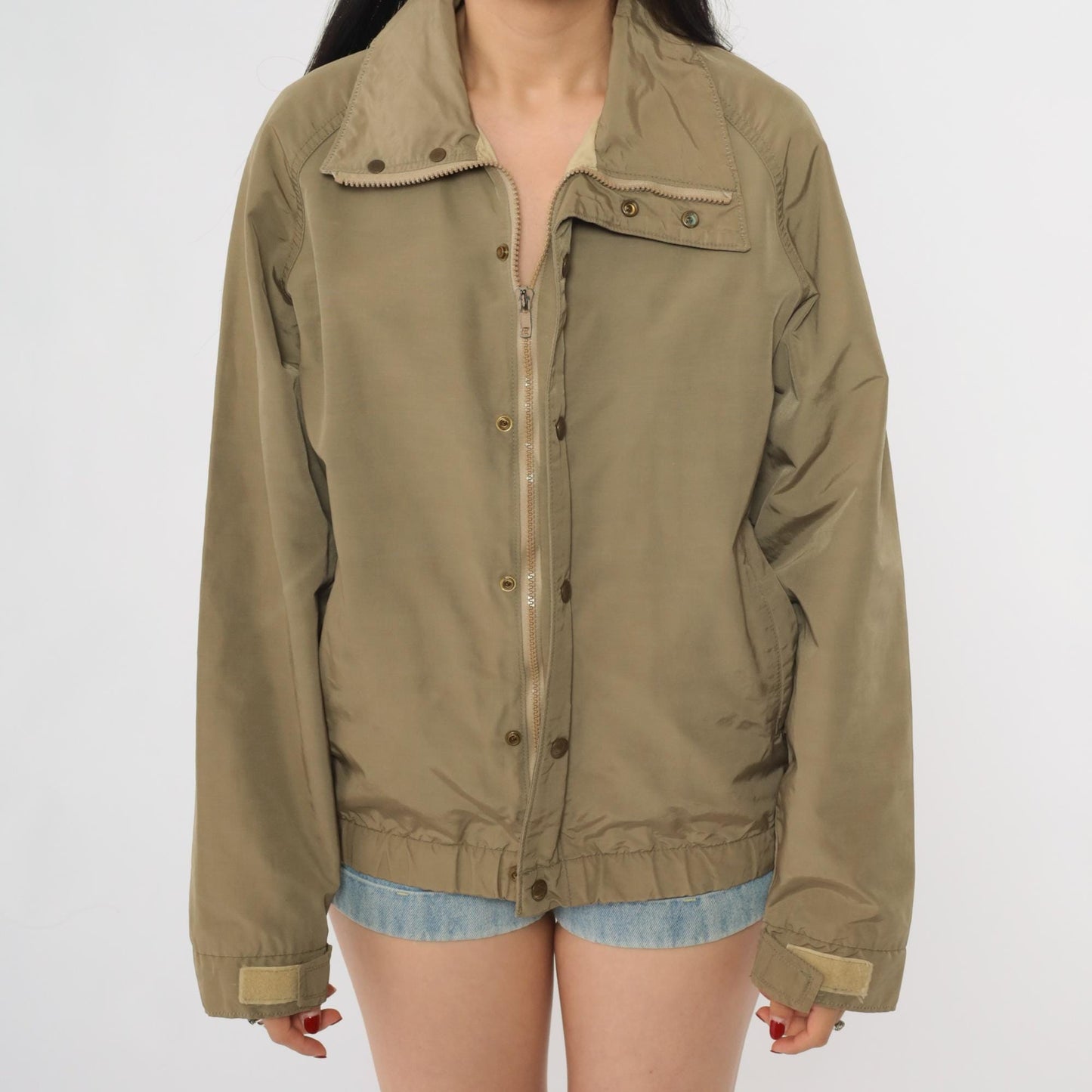 LL Bean Khaki Bomber Jacket 90s Zip Front Utility Flight Windbreaker Small