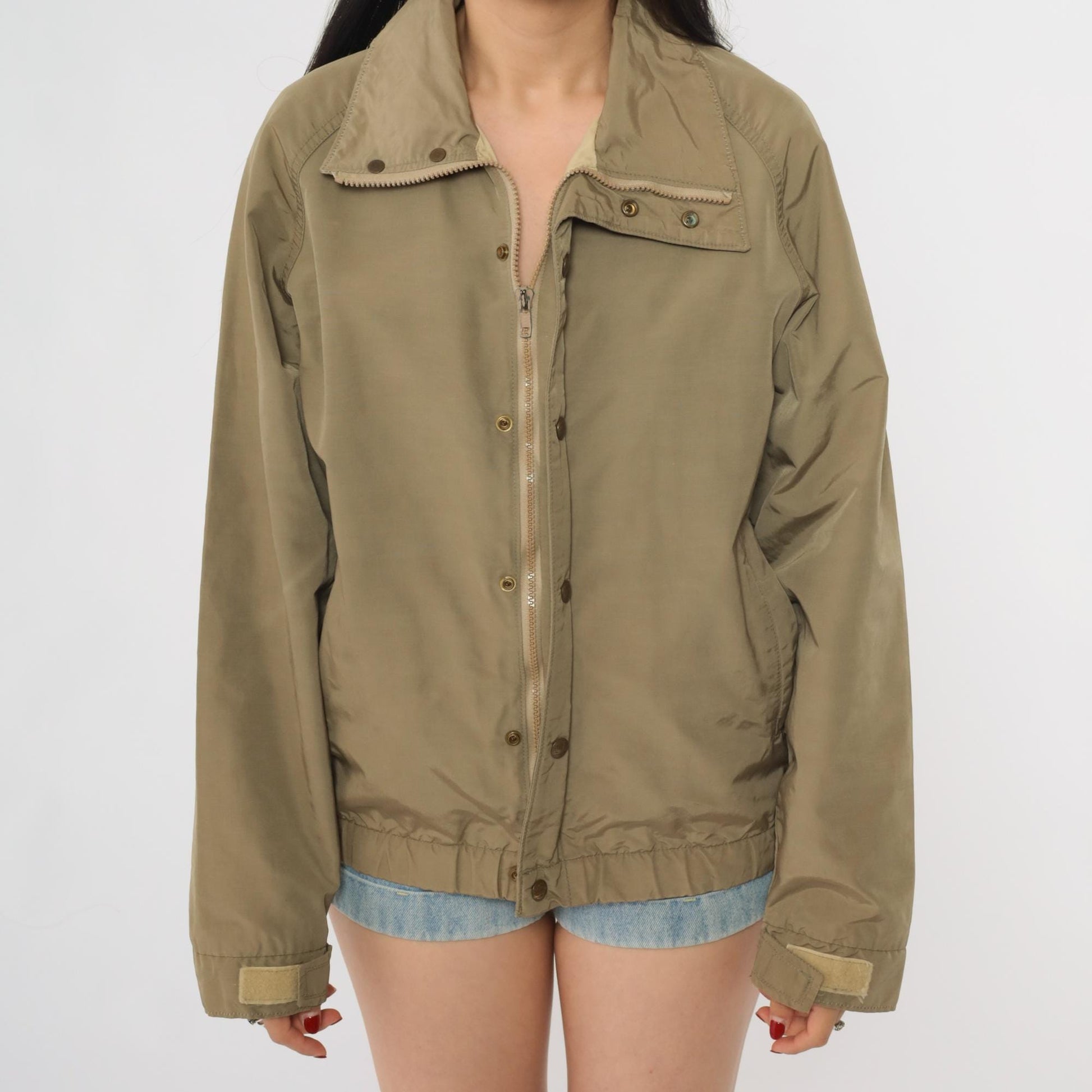 LL Bean Khaki Bomber Jacket 90s Zip Front Utility Flight Windbreaker Small