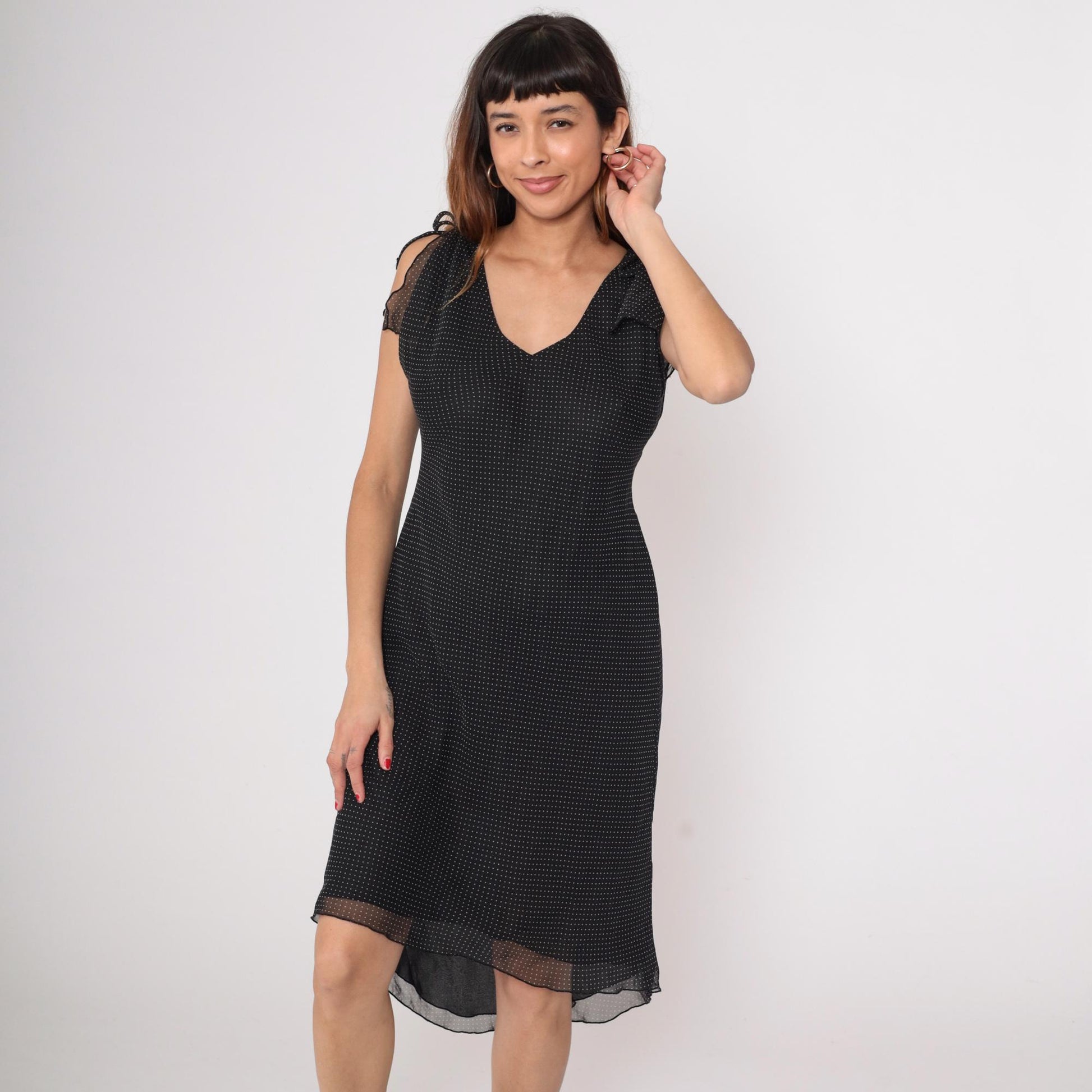 90s Black Swiss Dot Midi Dress Sleeveless V-Neck Tie Shoulder Chiffon Medium