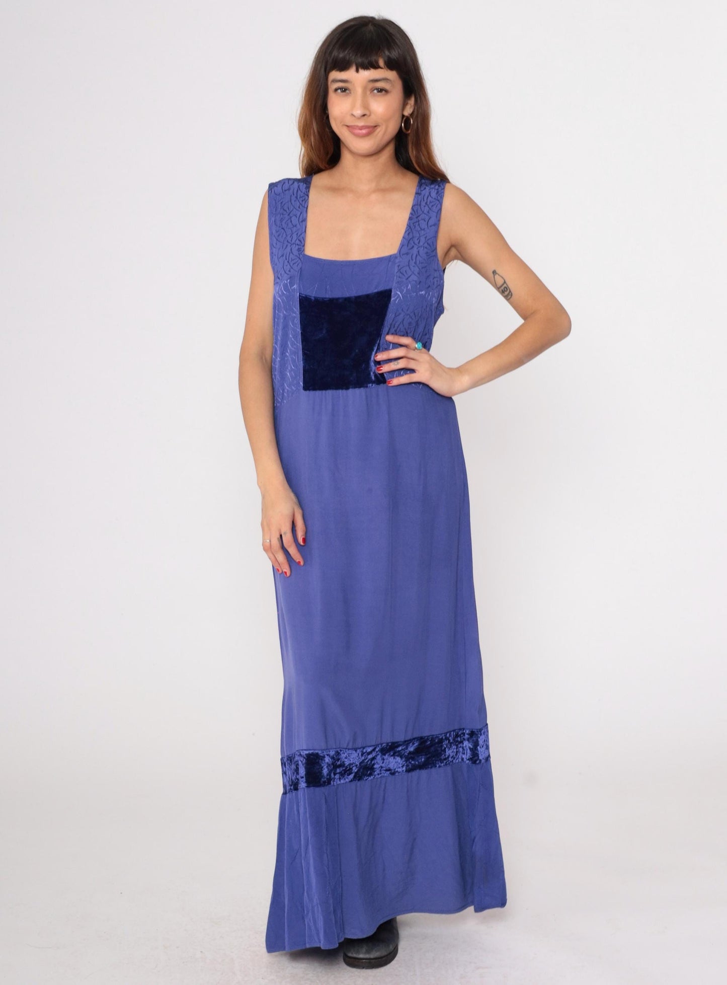 Y2K Purple Velvet Maxi Dress Milieu Sleeveless Empire Waist Large L