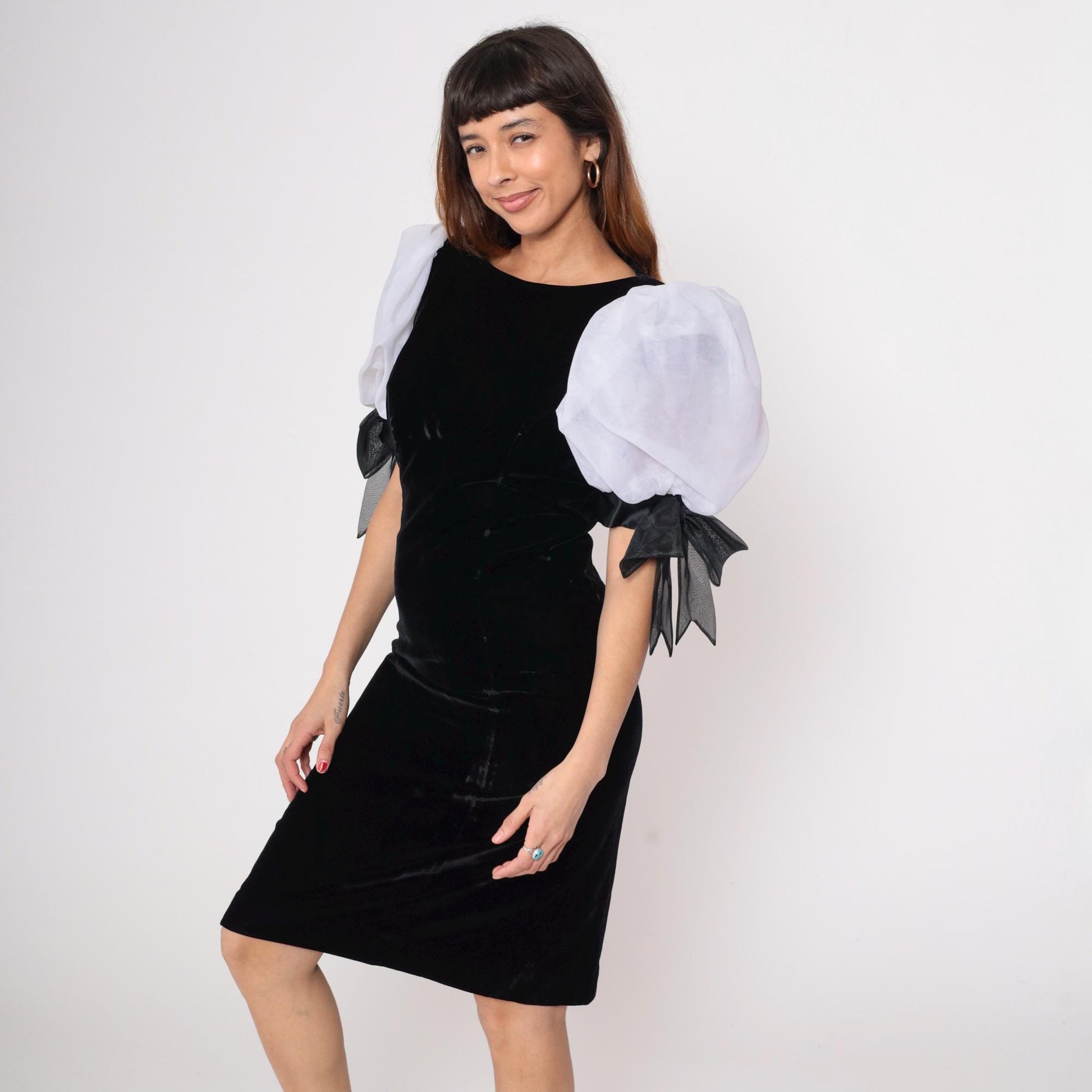 80s Rimini Black Velvet Midi Dress Puff Sleeves White Bow Ties Medium