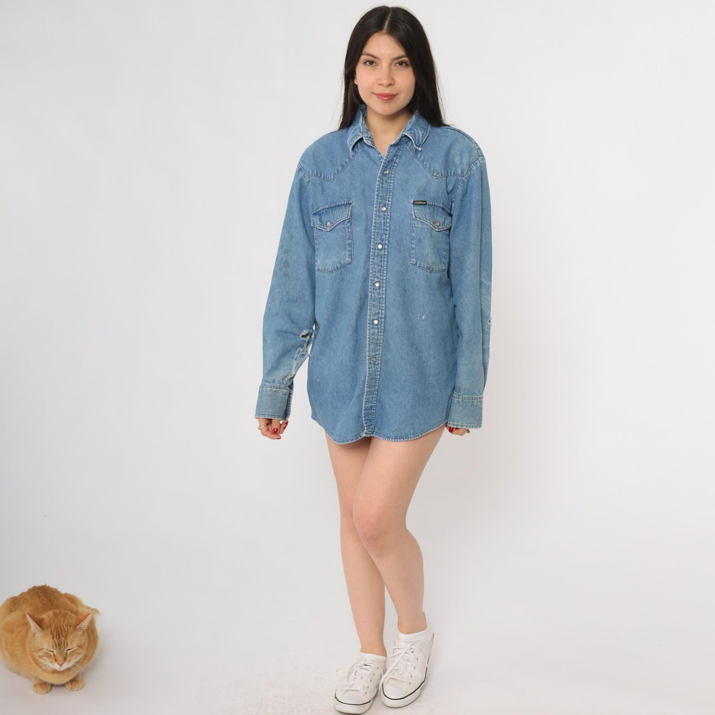 90s Osh Kosh Light Blue Denim Shirt Snap Button Western Medium