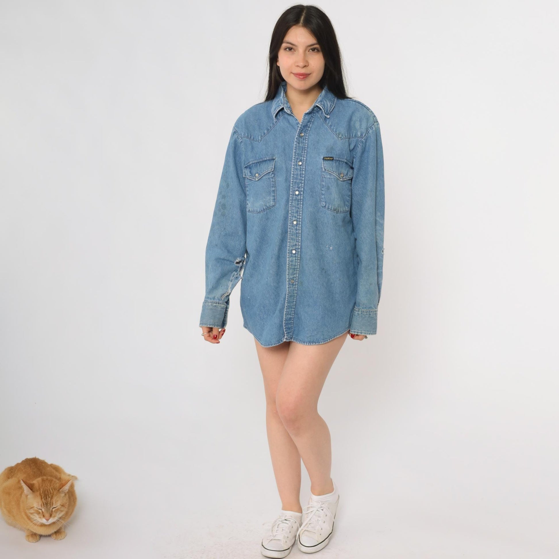 90s Osh Kosh Light Blue Denim Shirt Snap Button Western Medium