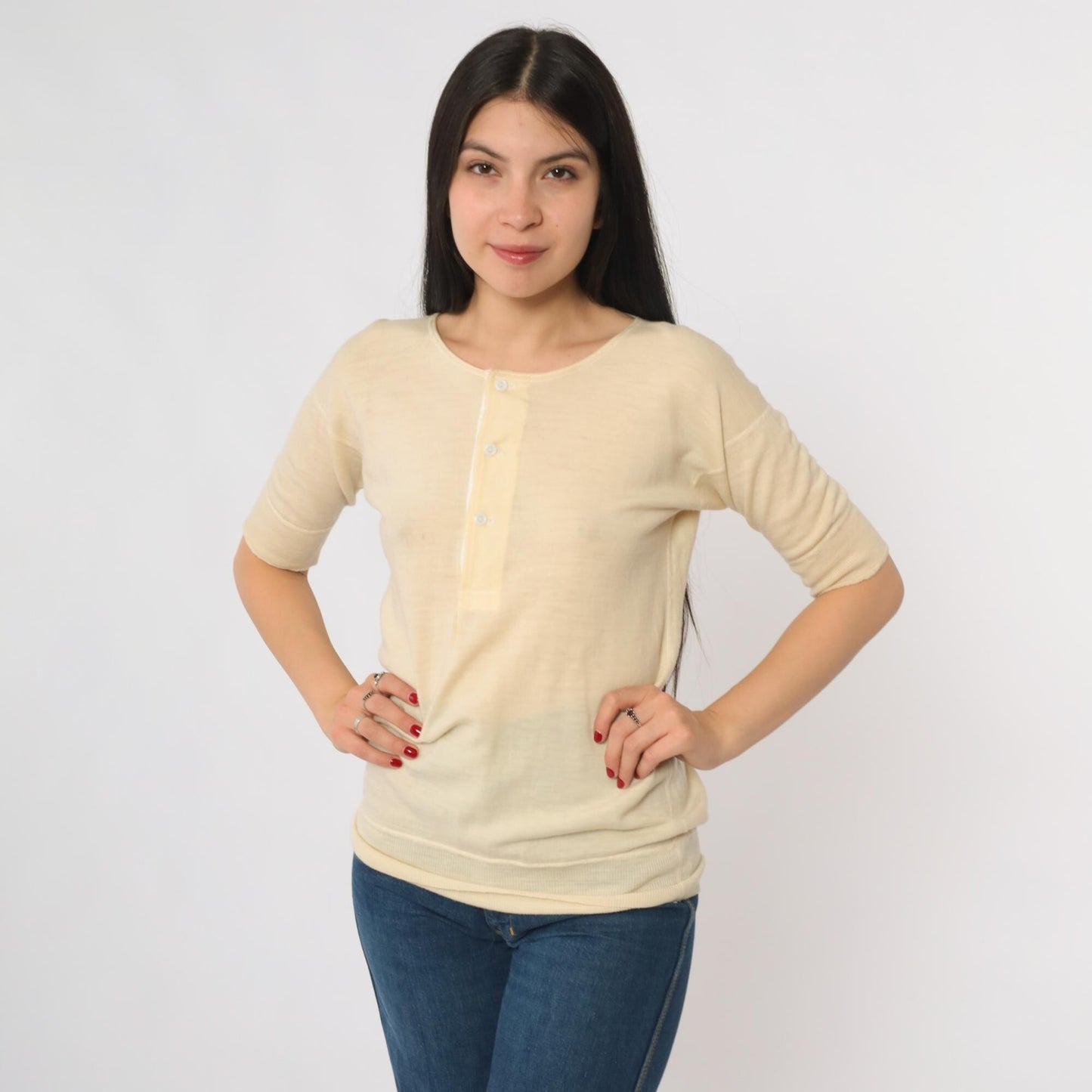 1940s Shepherd Cream Wool Cardigan Three Quarter Sleeve Button Front Small