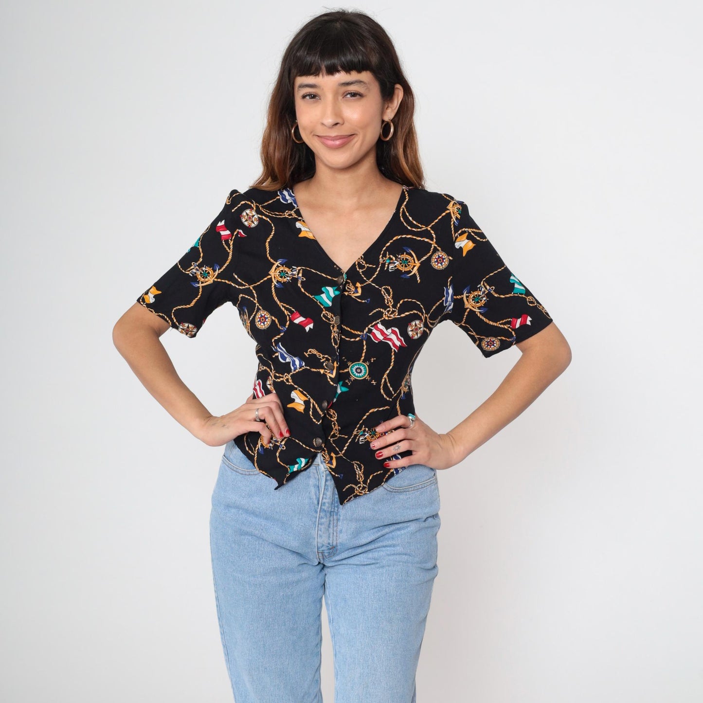90s Kathie Lee Nautical Print Blouse Black Button-Front Short Sleeve Medium