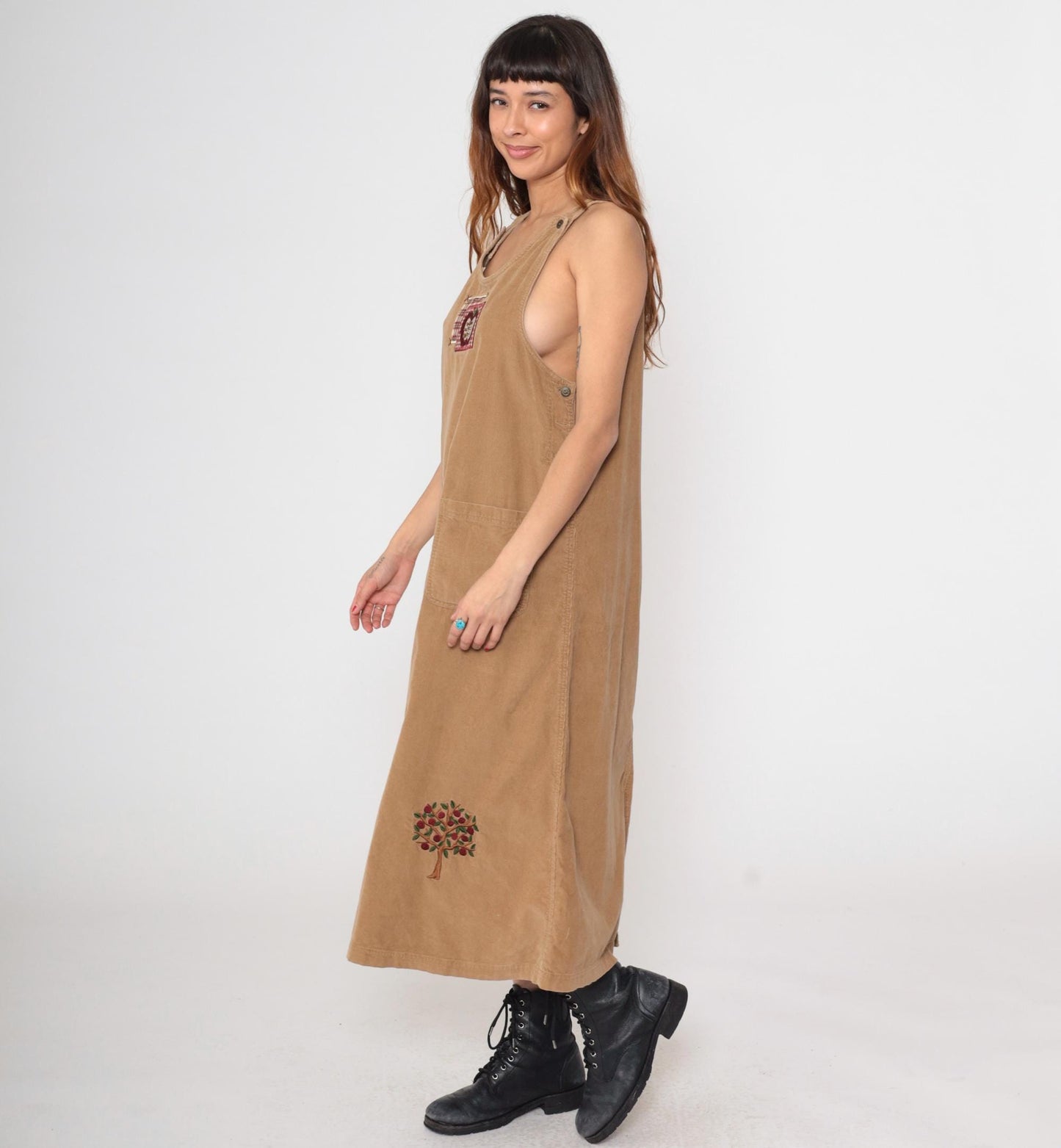 90s Mandal Bay Corduroy Jumper Dress Tan Apple Embroidery Maxi Large L