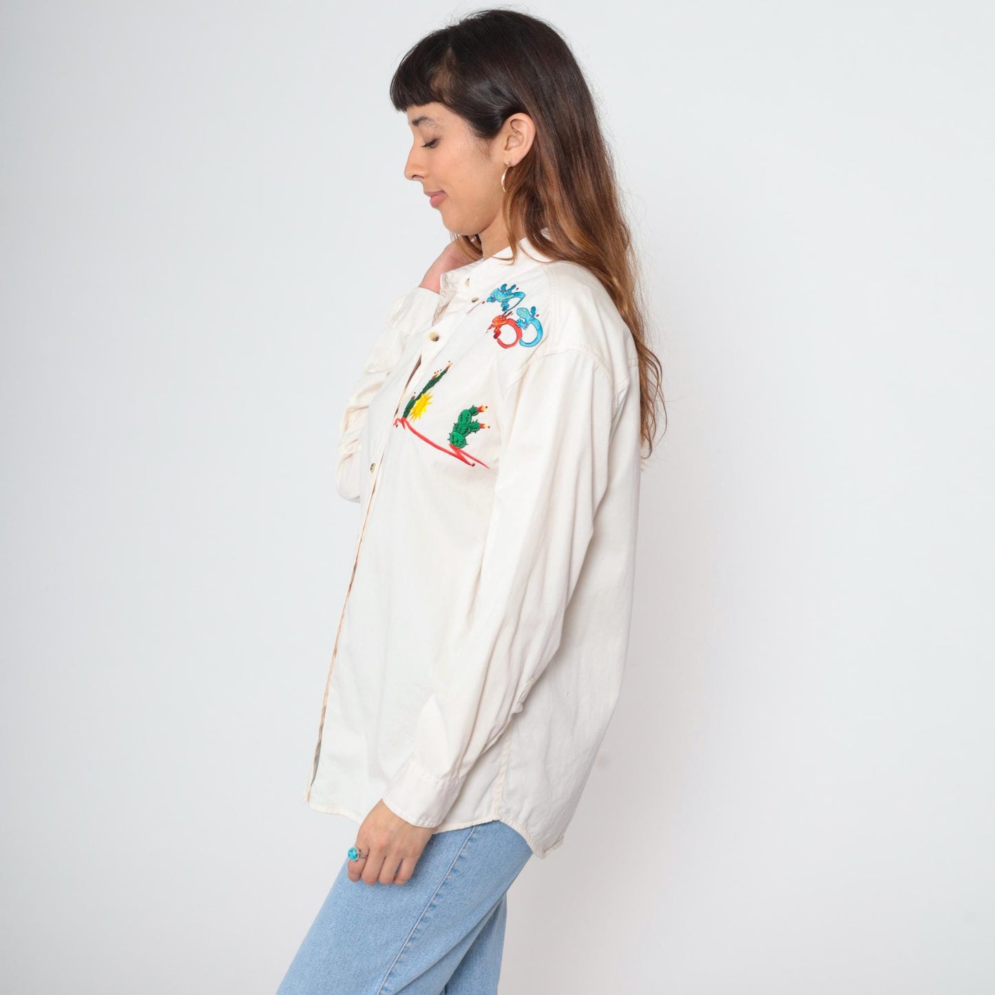 90s Pro Elite Cactus Gecko Embroidered Western Shirt White Cotton Large L