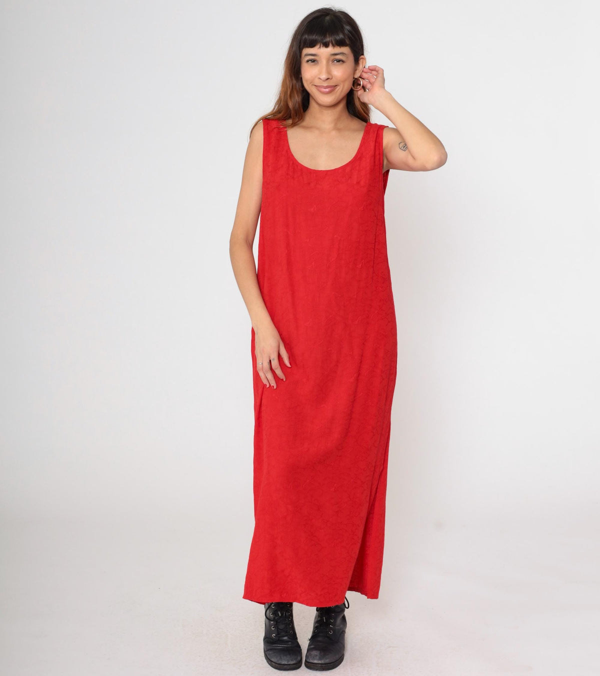 90s Red Rayon Maxi Dress Sleeveless Tank Column Large L