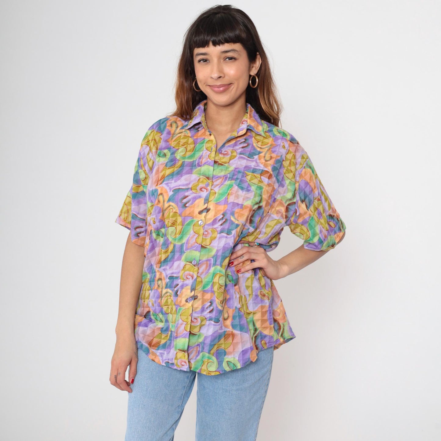 90s Rolls Abstract Psychedelic Swirl Button-Down Shirt Purple Green Extra Large XXL