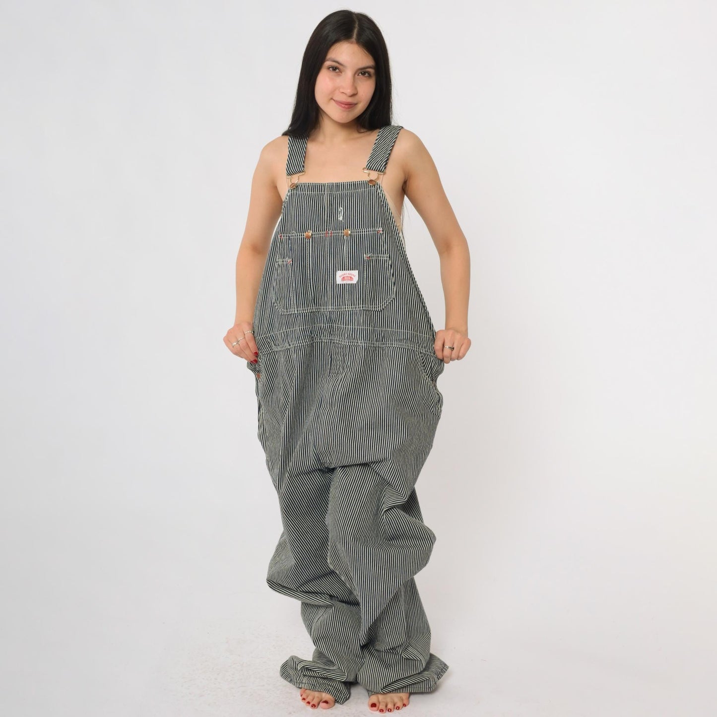 Y2K Roundhouse Railroad Stripe Denim Overalls Blue White Cotton XL