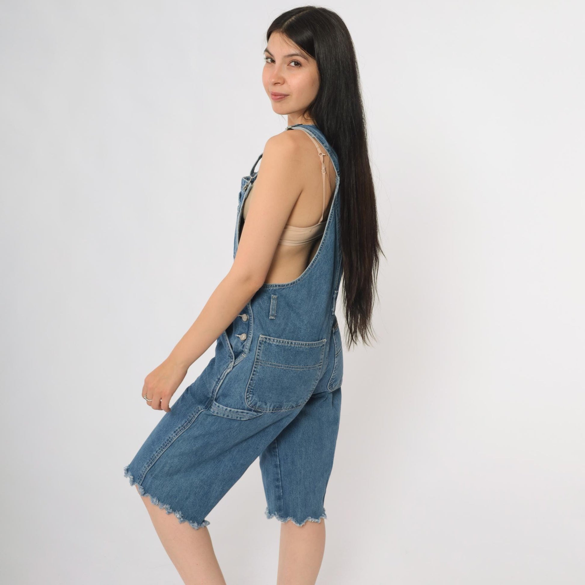 Calvin Klein Jeans 90s Denim Short Overalls Blue Cutoff Raw Hem Medium M