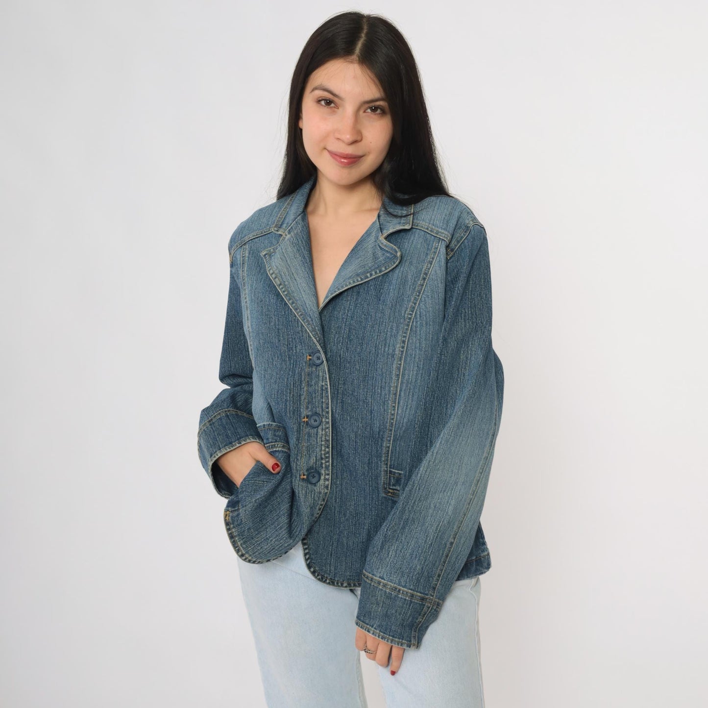 Y2K St Johns Bay Denim Blazer Blue Button Front Tailored Jacket Large L