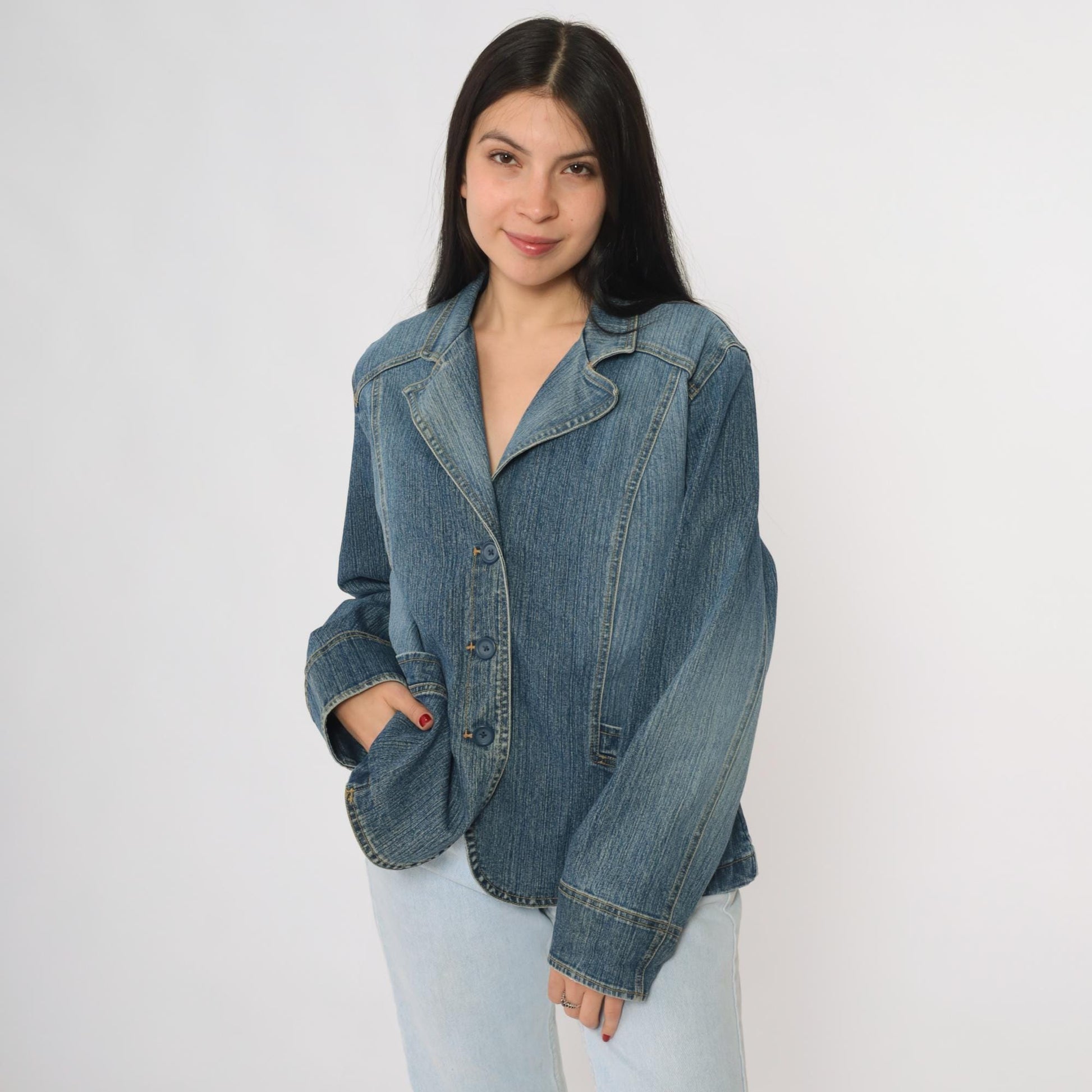 Y2K St Johns Bay Denim Blazer Blue Button Front Tailored Jacket Large L