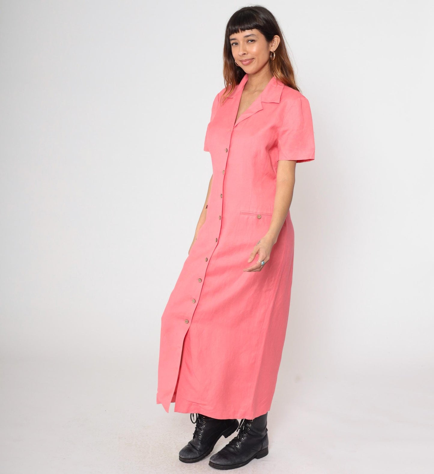 Y2K Coral Pink Linen Shirt Dress Dress Barn Button Front Maxi Large L