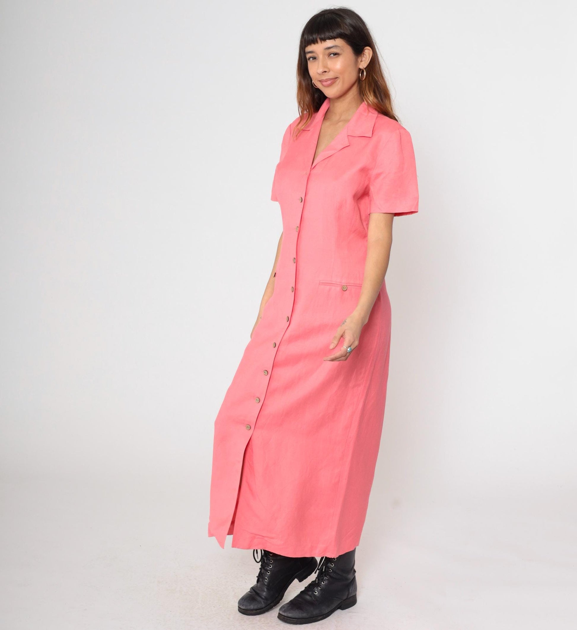 Y2K Coral Pink Linen Shirt Dress Dress Barn Button Front Maxi Large L