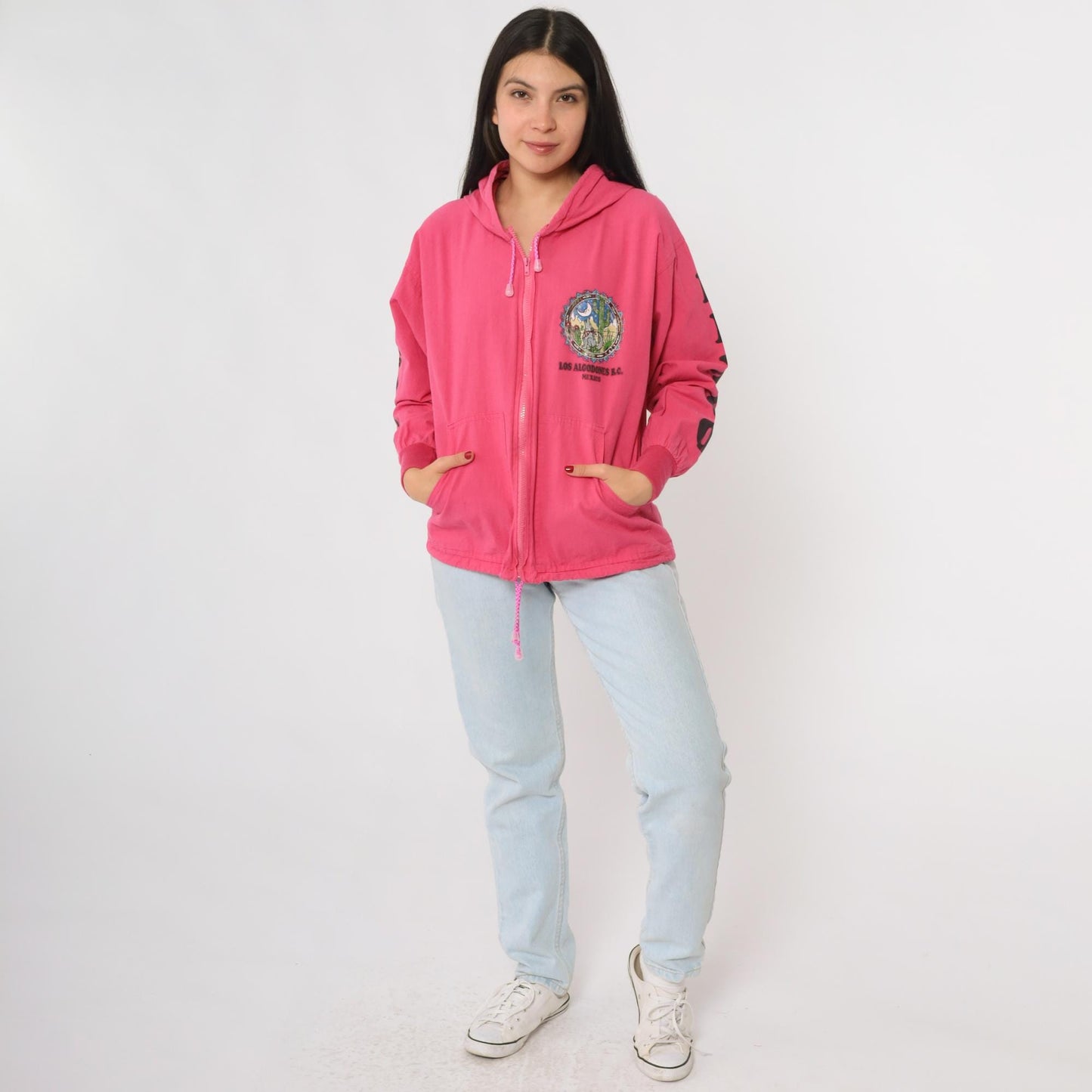 90s Los Algodones Mexico Zip Hoodie Pink Cotton Coyote Cactus Graphic Small