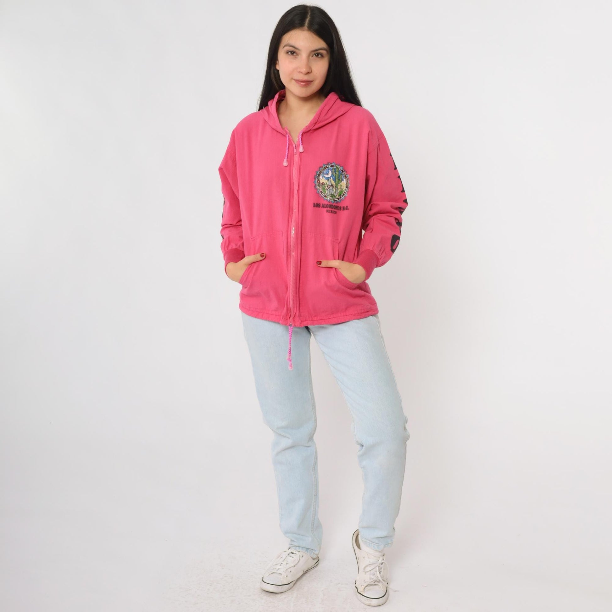 90s Los Algodones Mexico Zip Hoodie Pink Cotton Coyote Cactus Graphic Small